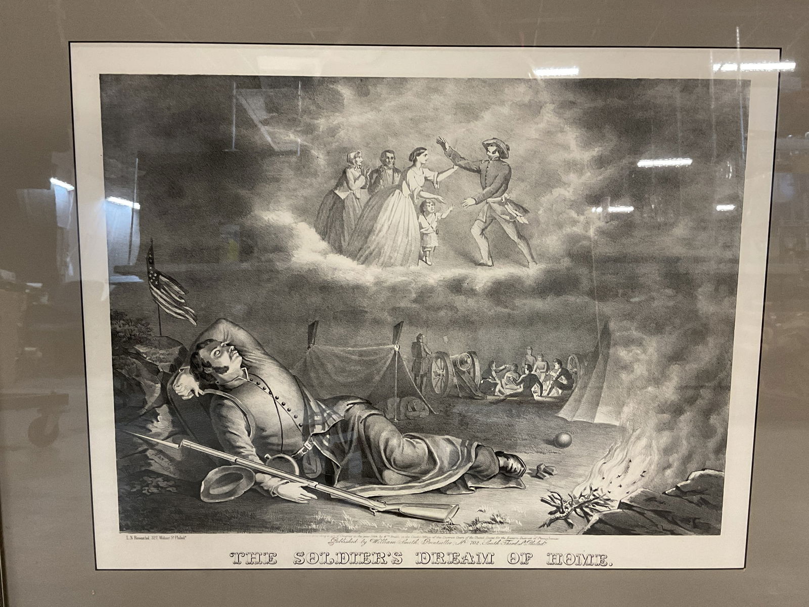 1864 Rosenthal Soldiers Dream of Home Litho 34in: Framed and matted antique lithograph on paper. Soldiers Dream of Home by L. N. Rosenthal. Copyright date 1864. Published by William Smith. Union soldier sleeping and dreaming of family. Silver leaf wo