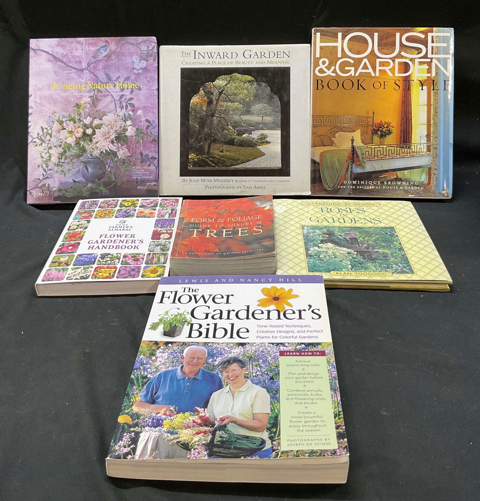 7 1st Ed Gardening Illus Bks Laughlin+ 1980s-2010s: Lot of 7 books. Form & Foliage Guide To Shrubs & Trees by Susie Leong & Tracy Laughlin. Published by Bay Books, 2003. Roses In Gardens by Alan Toogood. Published by Salem House Publishers, 1987. The O