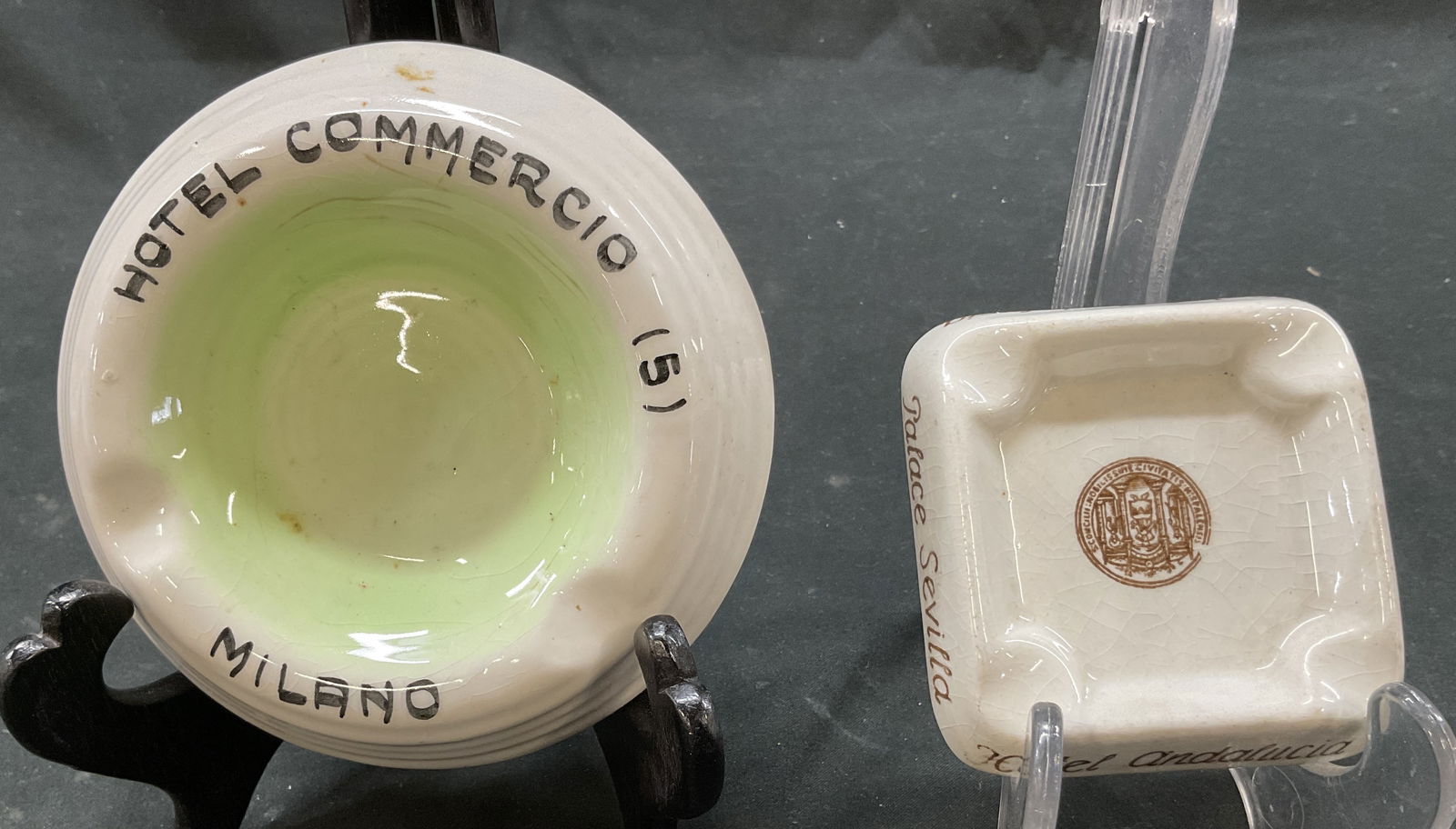Lot 2 Hotel Souvenir Vintage Cer Ashtrays Italy: Lot of 2 hotel souvenir vintage ceramic ashtrays. Square ashtray that reads illegibly on the front, Hotel Andalucia Palace Sevilla on the sides, and illegibly on the back. Brown lettering. Circle