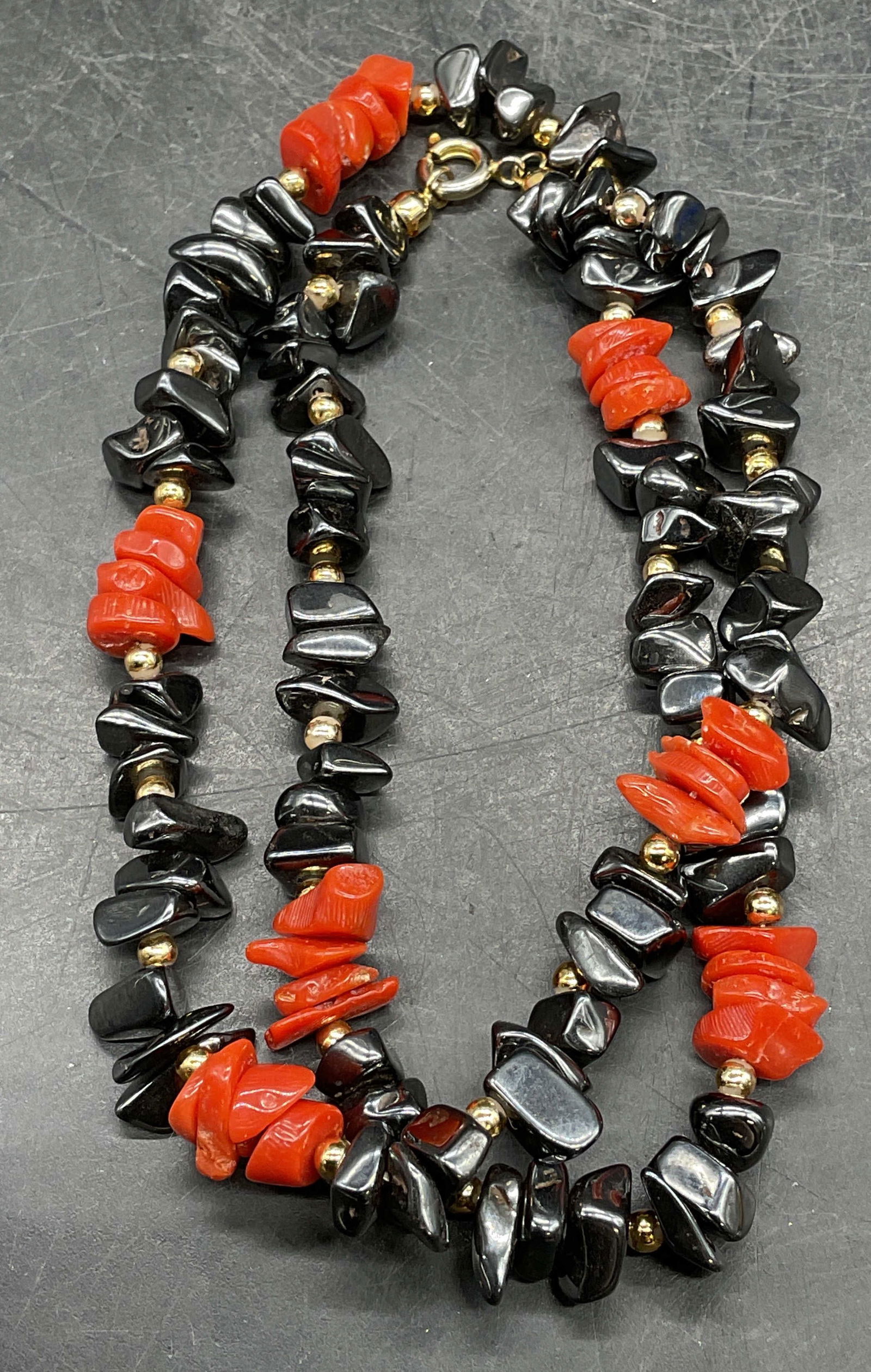 Vintage Hematite & Coral Beaded Necklace (1 of 6)