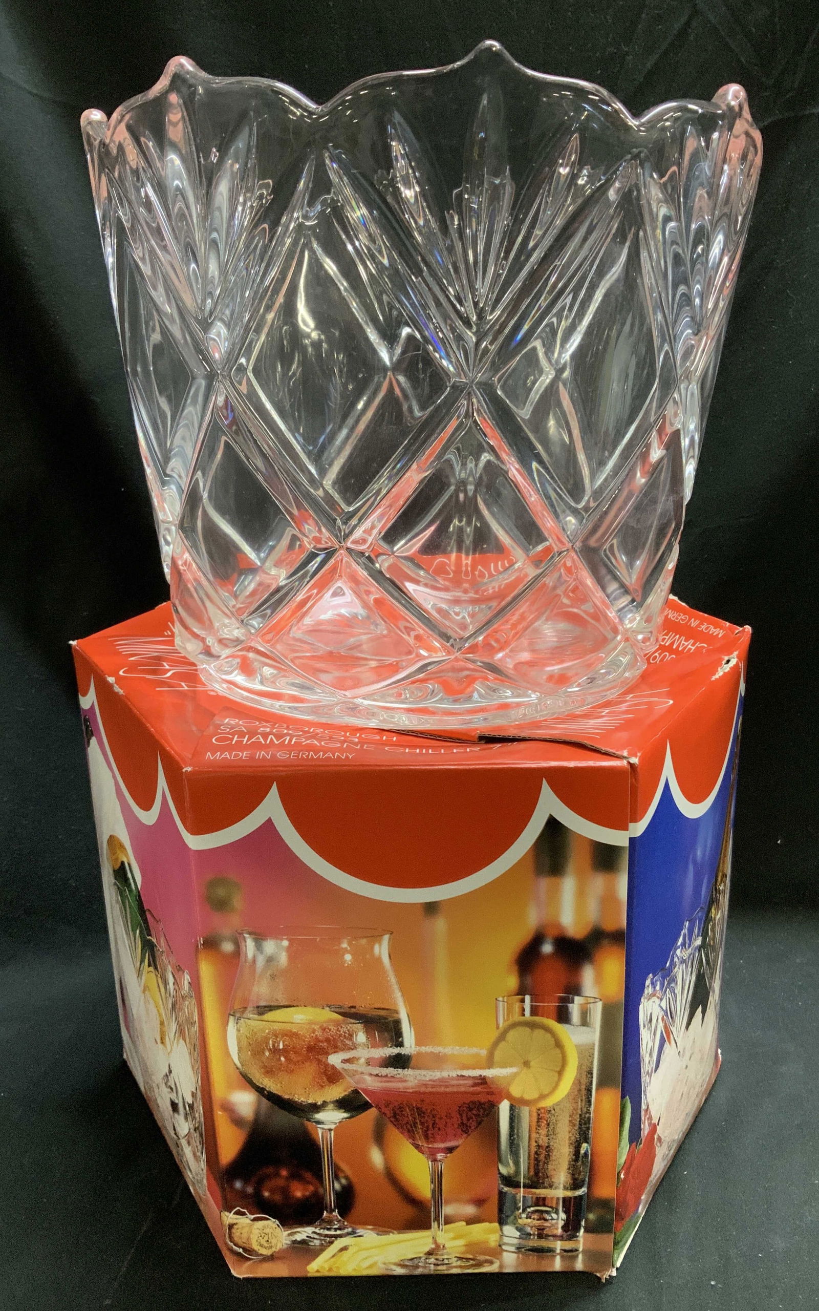 Mikasa Roxbourough Crystal Ice Bucket Bx GERMANY: Vintage Mikasa Roxborough crystal ice bucket features a faceted pattern & scalloped rim. Comes with original box. Signed & marked. Reads, MIKASA. MADE IN GERMANY. Surface wear consistent to age, use &