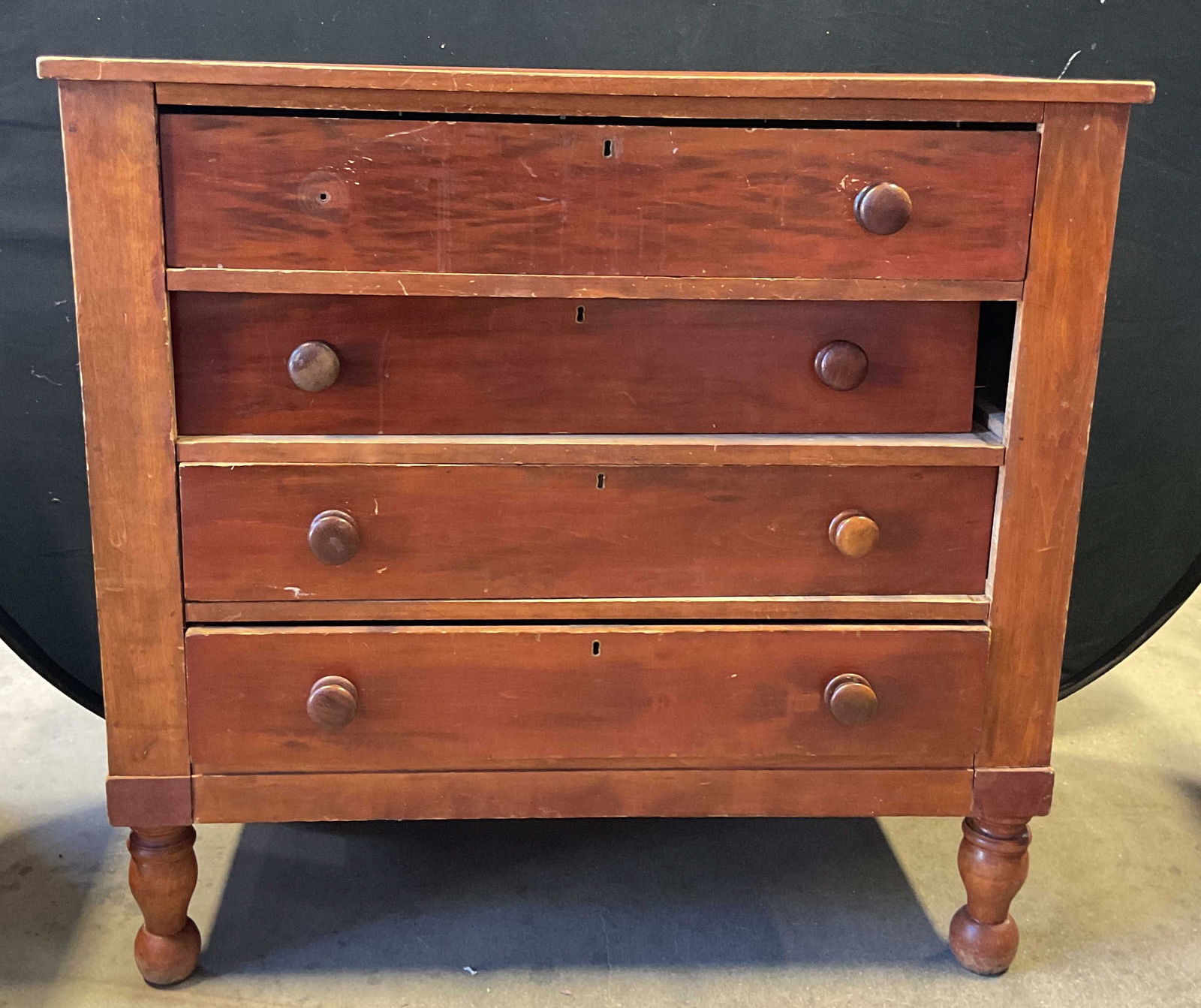 Antique American Style Wood Chest of Drawers: Antique American style wood chest of drawers. Four drawers with keyholes. Curved legs. Measures approx 42 x 18.5 x 40 inches. Needs repair. Wear including scratching, one handle needs replacement. Ant