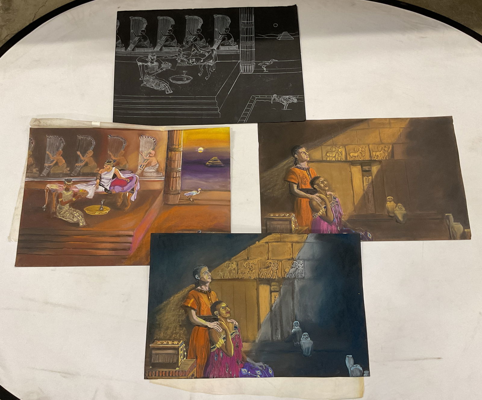 Lot 4 Egyptian Scene Pastel Drawings 25in (1 of 6)
