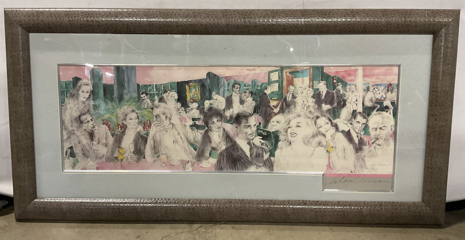 Signed Leroy Neiman Polo Lounge Lithograph 42in: Framed and matted lithograph on paper. Signed lower right, LeRoy Neiman. Polo Lounge. Group of Hollywood actors in lounge. Gray frame. Not examined out of frame. Frame measures approx 20.5 x 42 inches