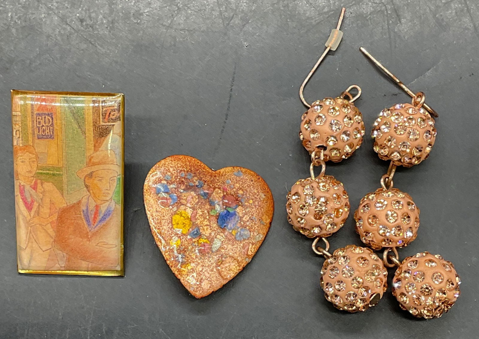 Lot 3 Enamel Heart Brooch, Crystal Earrings + (1 of 7)