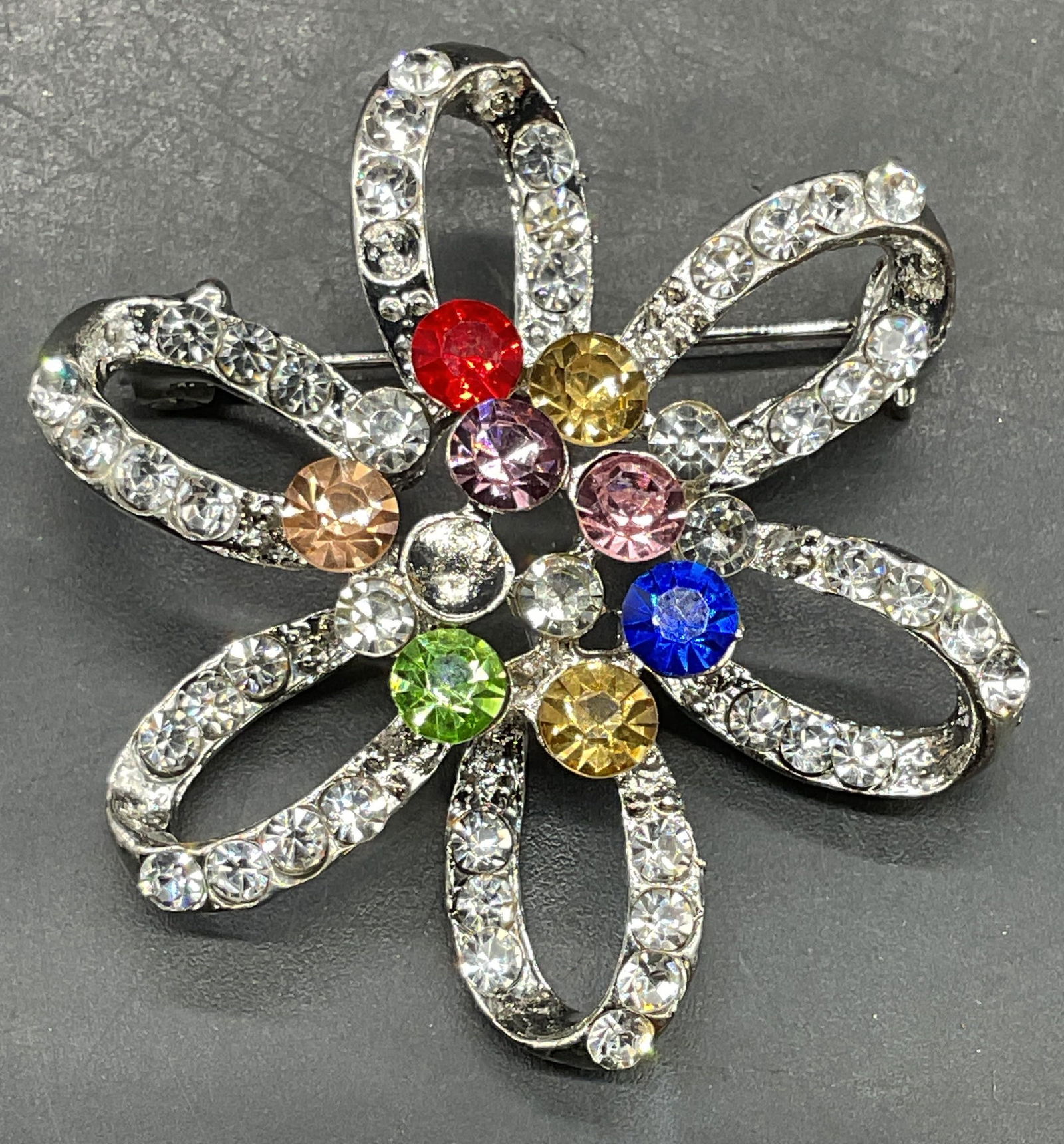 Silver Tone Multicolor Crystal Flower Brooch (1 of 6)