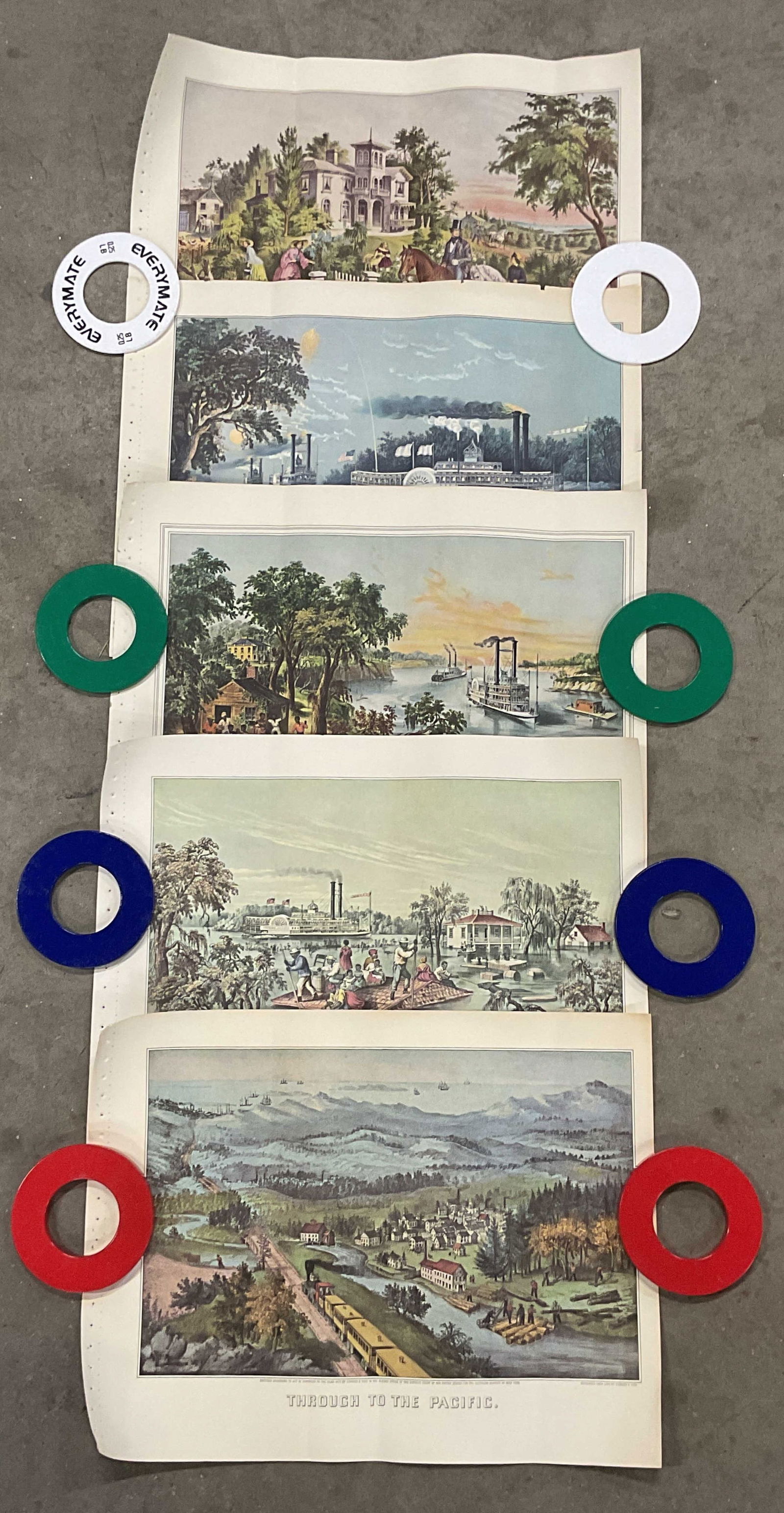 Lot 5 Currier & Ives Book Lithographs: Lot of 5 vintage Currier & Ives book lithographs. American country life scenes, boat and train travel. Pages measure approx 11.75 x 15.5 inches. Wear including creasing, tearing around edges, foxing.