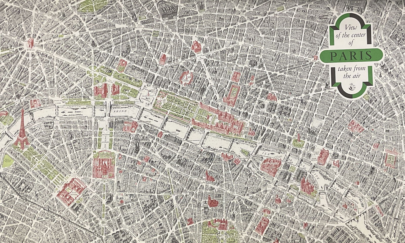1958 Paris City Center French Litho Poster Map 42i: Copyright 1958 lithograph poster map depicting a view of the center of Paris from above. Labeled streets and landmarks. Printed in France. Published by and for the French government. Measures approx 2