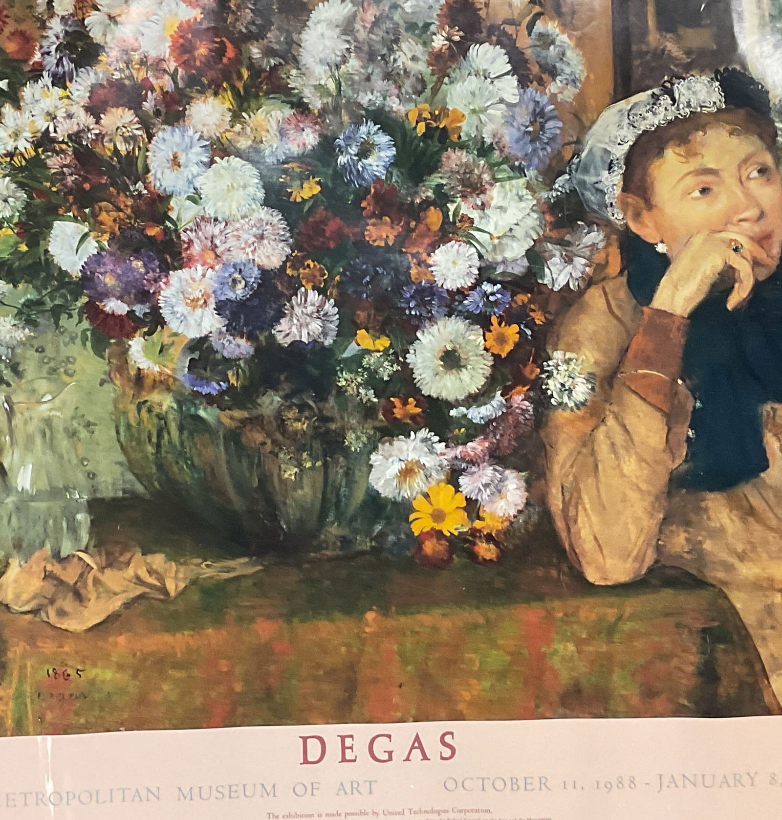 1988 Metropolitan Museum Degas Exhibit Poster 33in: 1988 Metropolitan Museum of Art exhibition poster for Edgar Degas. Woman with Chrysanthemums. Copyright lower margin. Measures approx 30 x 33 inches. Wear including creasing and marks. Property of Upp