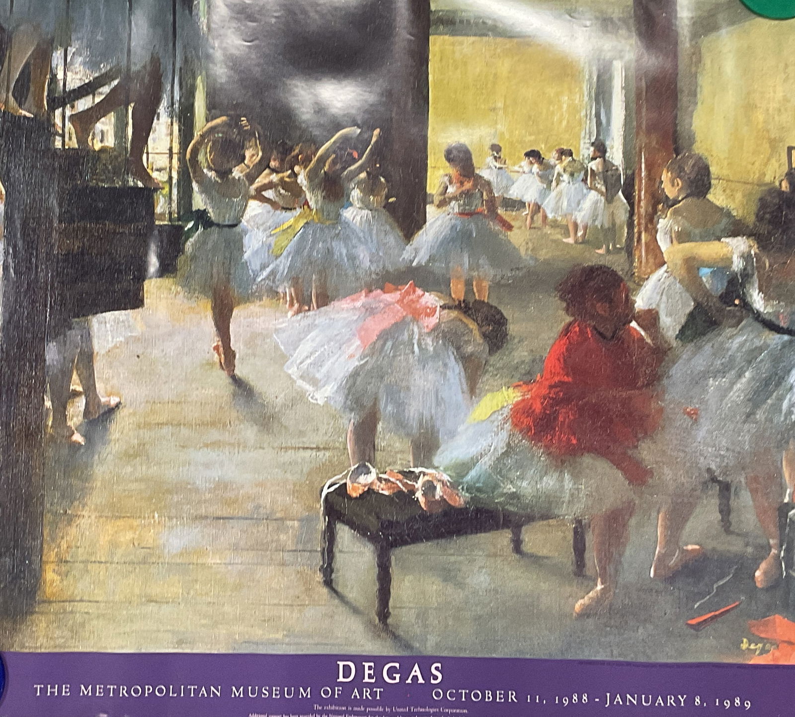 1988 Metropolitan Museum Degas Exhibit Poster 33in: 1988 Metropolitan Museum of Art exhibition poster for Edgar Degas. The Dance Class. Copyright printed on margin. Measures approx 30 x 33 inches. Wear including creasing and wear around edges. Property
