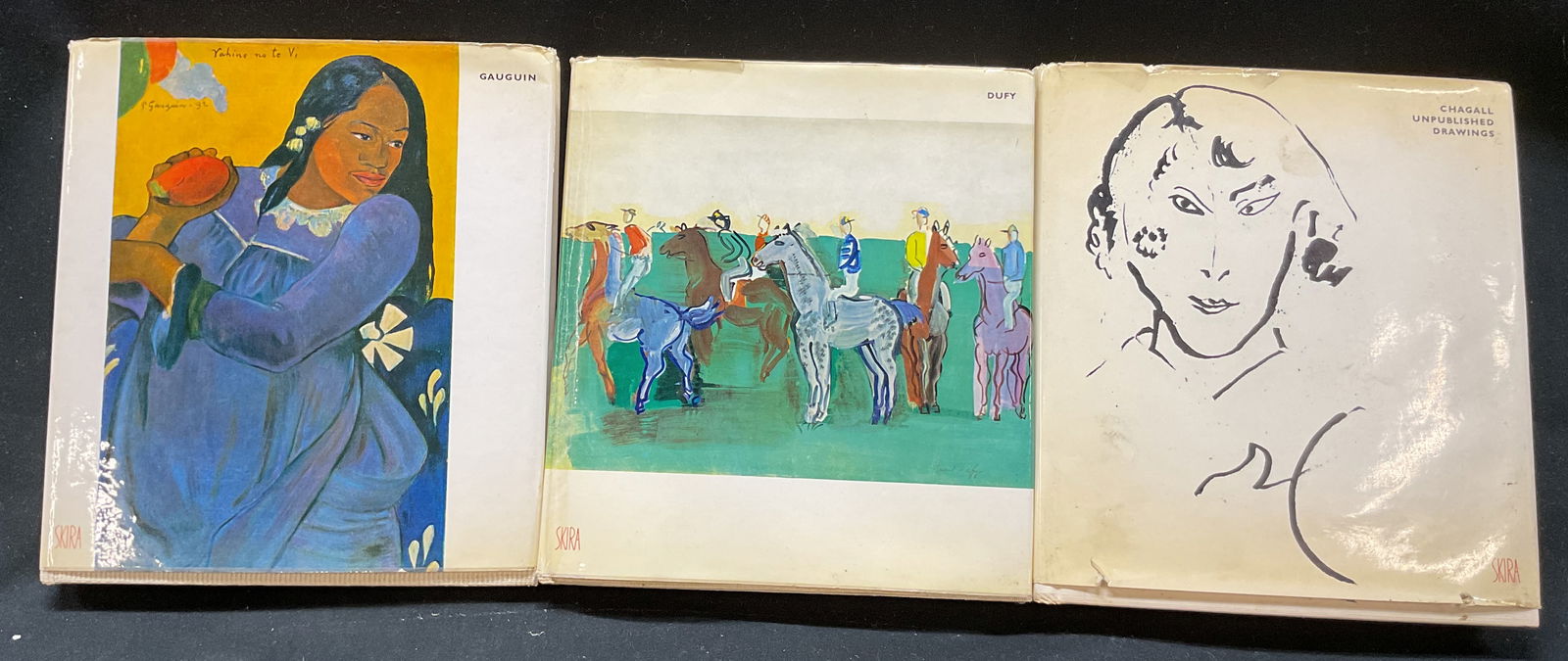 Lot3 Taste Of Our Time Illus Bks Skira 1950s-60s+: Lot of 3 books in the collection titled The Taste Of Our Time by Albert Skira. Titles include Gauguin (1953), Dufy (1954), and Chagall Unpublished Drawings (1968). All published by Albert Skira. Hard