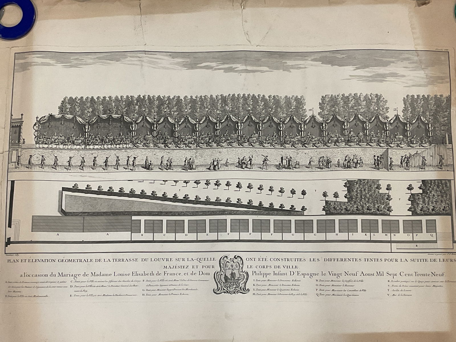 After Blondel Plan&Elevation Louvre Engraving 39in: Vintage engraving on paper. After Jacques Francois Blondel (French, 1705-1774). The plan and geometric elevation of the louvre terrace. Reproduction print, French national museum stamp at lower center
