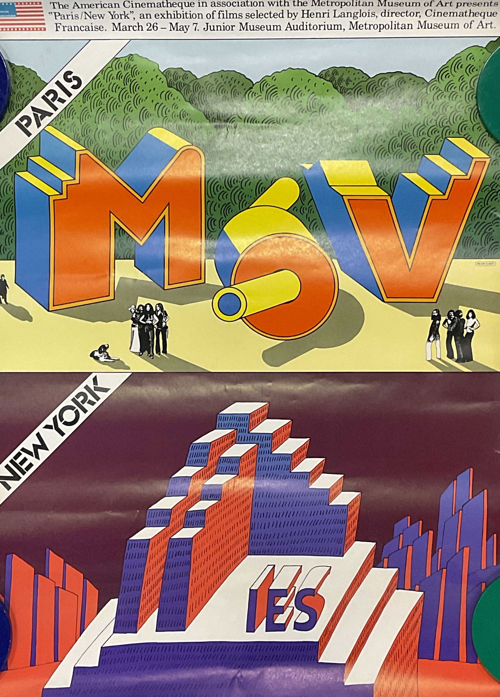 1977 MMA Paris/New York Film Exhibition Poster 22i: 1977 The American Cinematheque and Metropolitan Museum of Art exhibition poster for Paris/New York. Film exhibition. Designed by Milton Glaser and Jean Michel Folon. Measures approx 22.25 x 16.25 inch