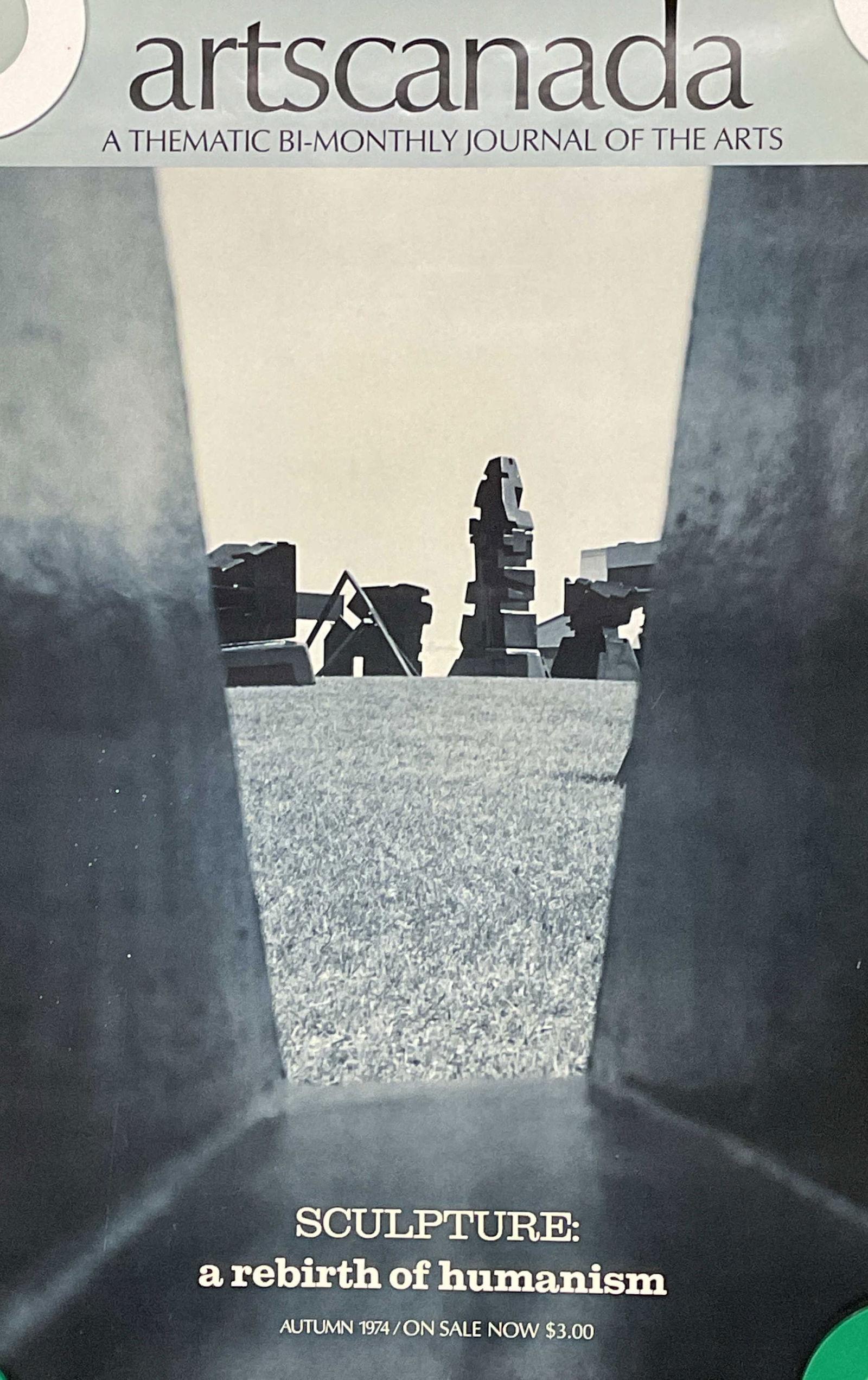 1974 Arts Canada Sculpture Litho Poster 23in: 1974 Art Canada journal lithograph poster featuring sculpture. Measures approx 23.75 x 16.5 inches. Wear including creasing, small tears, and marks. Property of Upper East Side French stage and screen