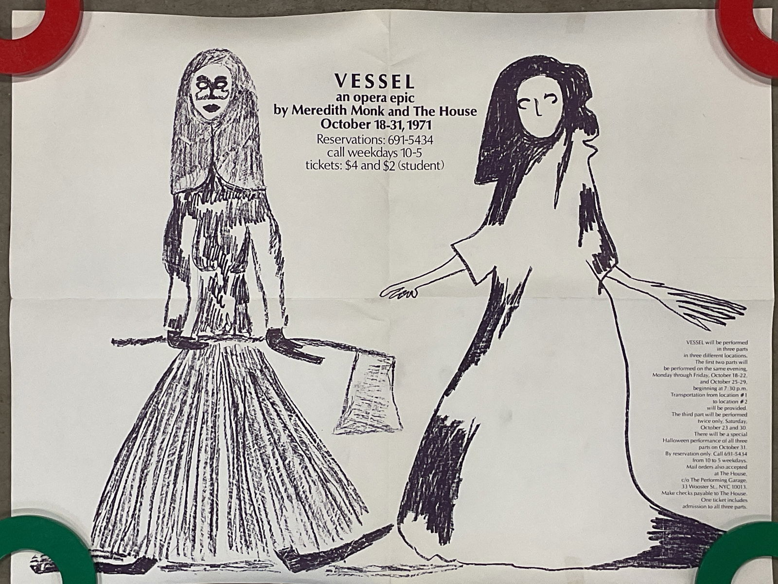 1971 Meredith Monk Vessel Opera Litho Poster: 1971 promotional mailed poster for Vessel an Opera Epic performed by Meredith Monk and The House. Hand written address and postmark on verso. Measures approx 16 x 21 inches. Wear including foxing, mar
