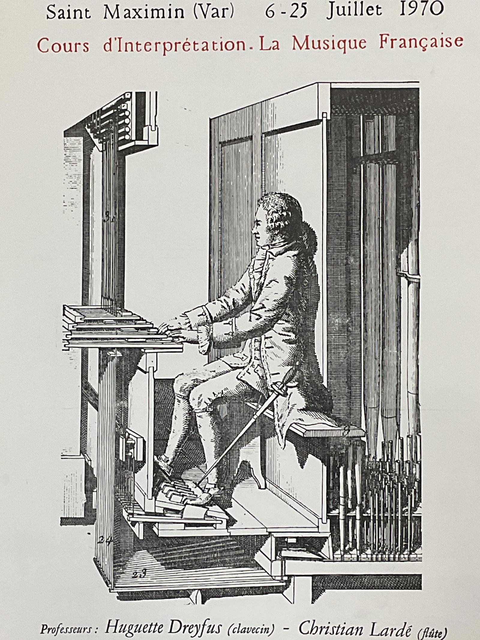 1970 French Organ Academy Music Poster 26in: 1970 French Organ Academy poster for the summer academy of French organ featuring music classes. Printed in France. Measures approx 26.25 x 17.25 inches. Wear including foxing and creasing. Property o