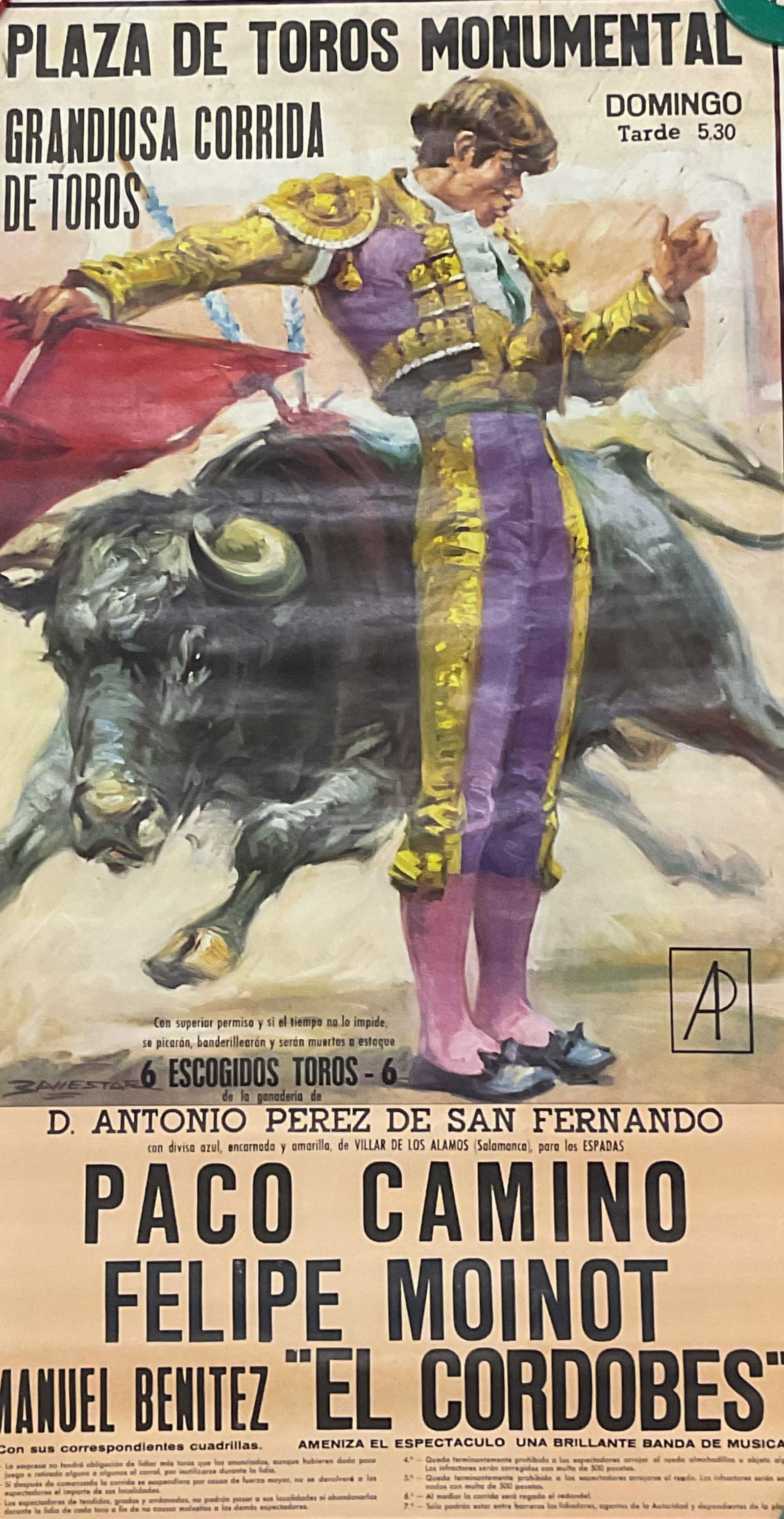 1970 Spanish Paco Camino Bullfighting Poster 38in: 1970 bullfighting lithograph poster featuring the matador Paco Camino. Printed in Spain. Measures approx 38 x 21 inches. Wear including creasing, small tears, and foxing. Property of Upper East Side F
