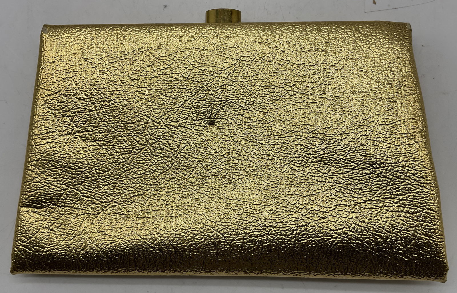 After Five By LandM Leather Gold Toned Purse USA: After Five by LandM leather metallic gold toned purse. Inside reads After Five by LandM Made In USA. Leather exterior, silk interior. Attached strap and closure. Measures approx 6 x 9.5 inches. Surfac