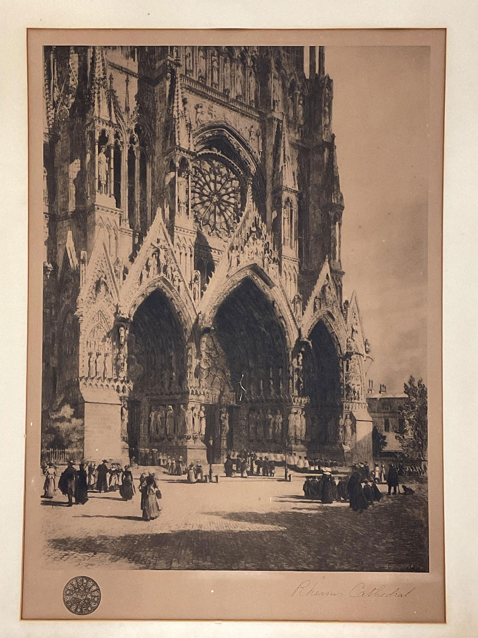 Antique After Haig Reims Cathedral Print: Antique matted print on paper, possibly lithograph. The Portals of Reims Cathedral, after Axel Herman Haig. Total dimensions approx 29.5 x 23 inches. Not examined out of mat. Wear including foxing, te