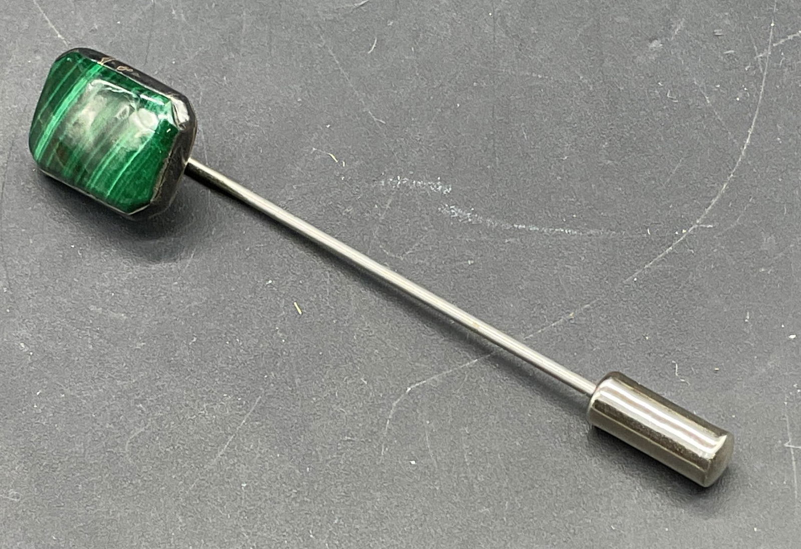 Vintage Silver Tone Malachite Stick Pin: Vintage silver tone malachite stick pin. Measures approx 2.5 inches long. Some scratching. Jewelry, estate jewelry, costume jewelry, cocktail jewelry, fashion jewelry, accessories, fashion accessories