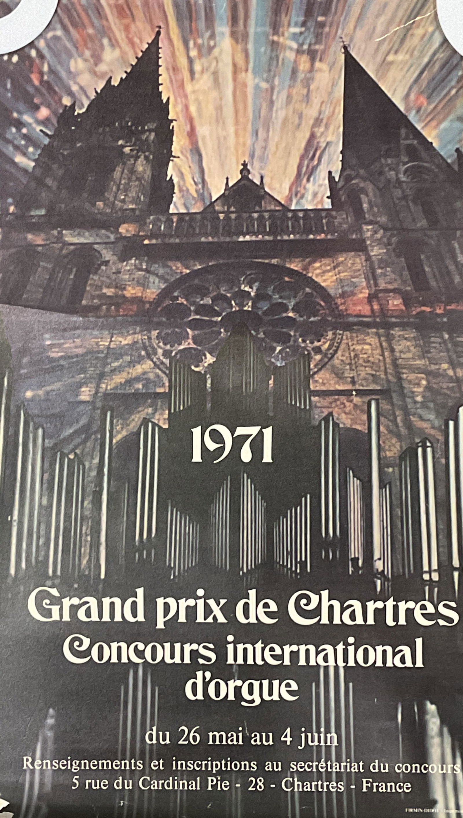 1971 Grand Prix Chartres Organ Cmpttn Pstr 23in: 1971 French Grand Prix de Chartres inaugural international organ competition lithograph poster. Measures approx 23 x 15.25 inches. Wear including creasing, foxing, and tearing. Property of Upper East