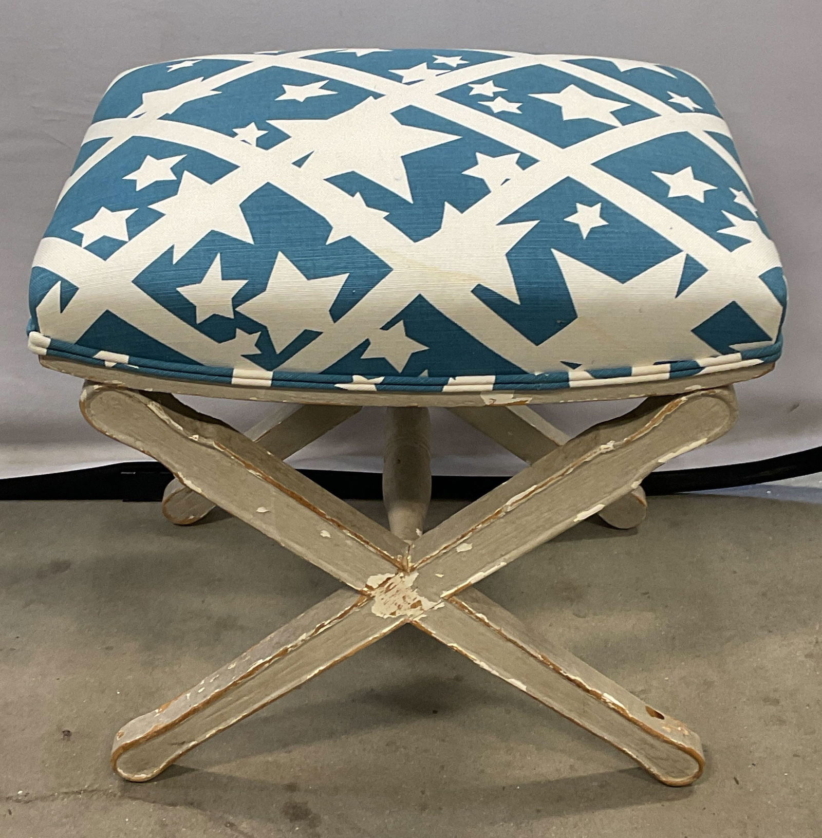 Gray Wood Blue Upholstered Star Foot Stool (1 of 6)