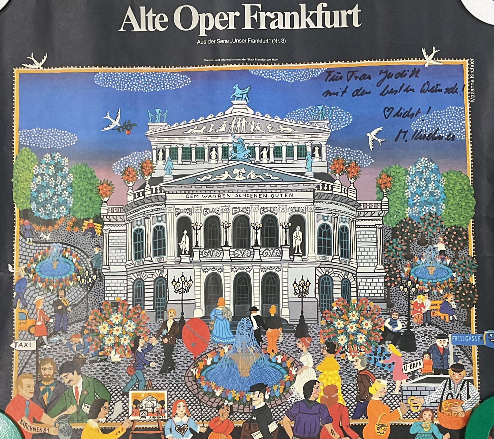 Signed M Kirchner Oper Frankfurt Poster 1987: Signed Marianne Kirchner (German, b 1936) lithograph poster for the Alte Oper Frankfurt. Published 1987. Signed and inscribed in ink at upper right. Measures approx 19 x 21.5 inches. Wear