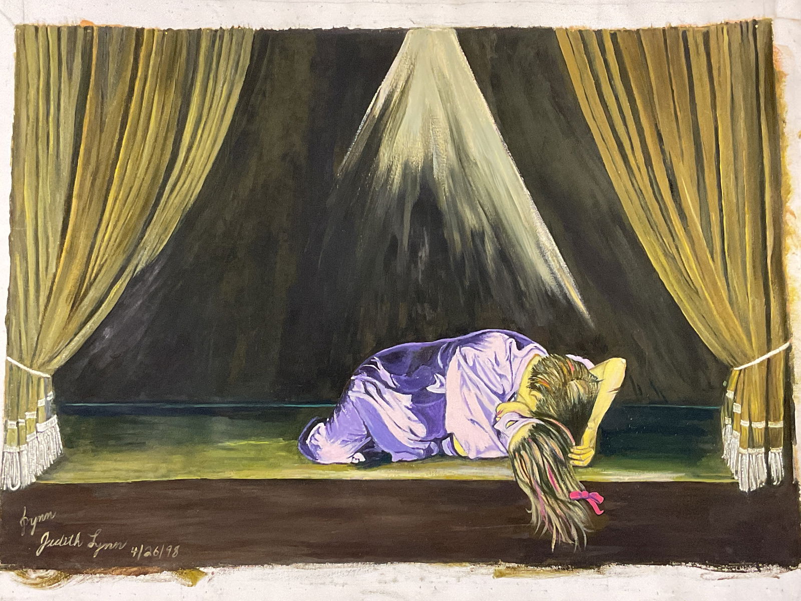 Sgnd Judith Lynn Theatrical Scene Oil Painting 32i: Oil on unstretched canvas. Signed and dated lower left, Judith Lynn, 1998. Theatrical scene with view of man and woman on stage. Canvas measures approx 24.75 x 32.25 inches. Wear including marks.