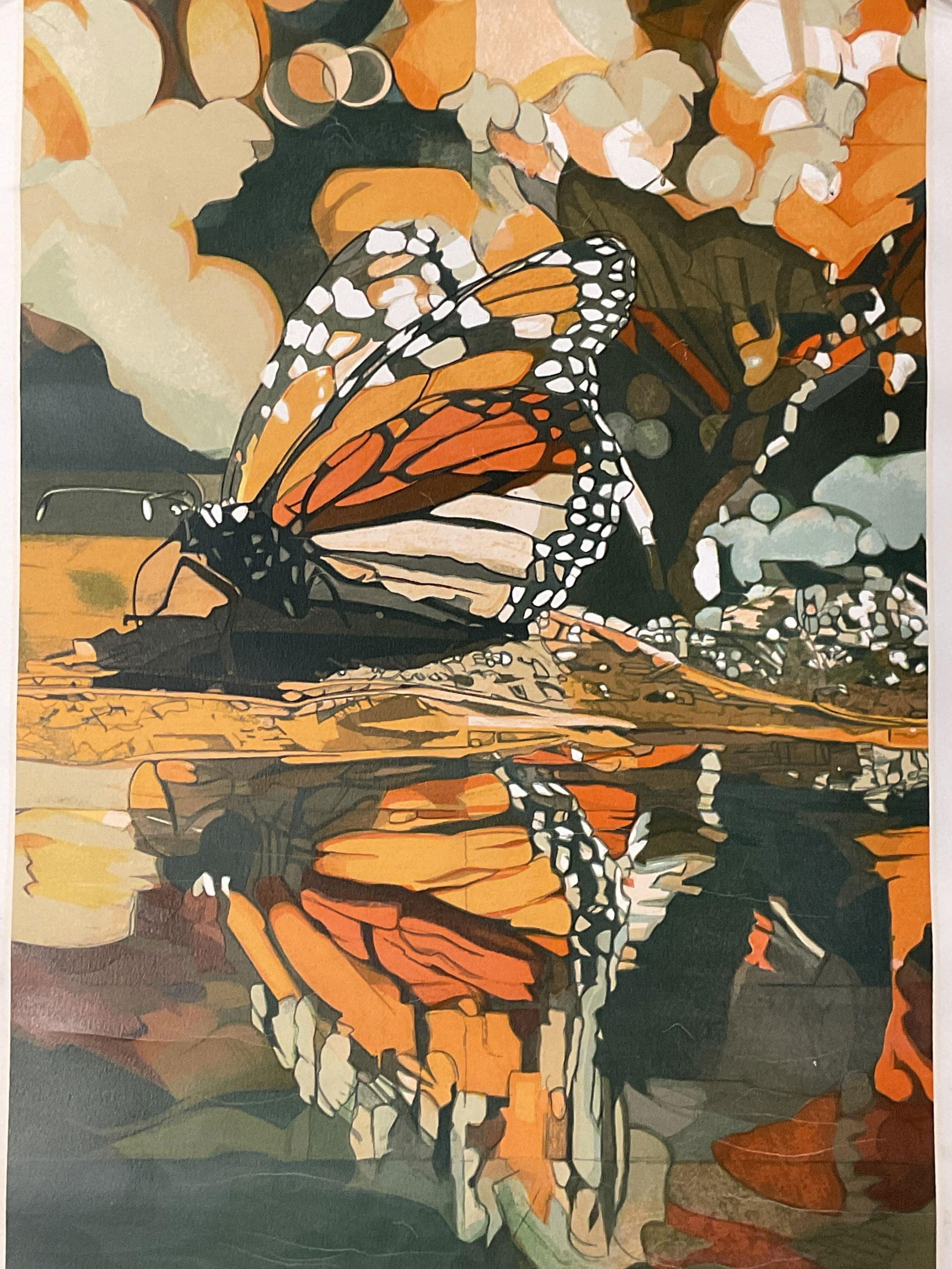 Sgnd F Bull Butterfly Limited Edt Screenprint 30in: Limited edition print on paper. Appears to be a screenprint. Signed and inscribed on the margin, F. Bull 1980. AP 10/30. Butterfly and water. Measures approx 30 x 22 inches. Wear including small
