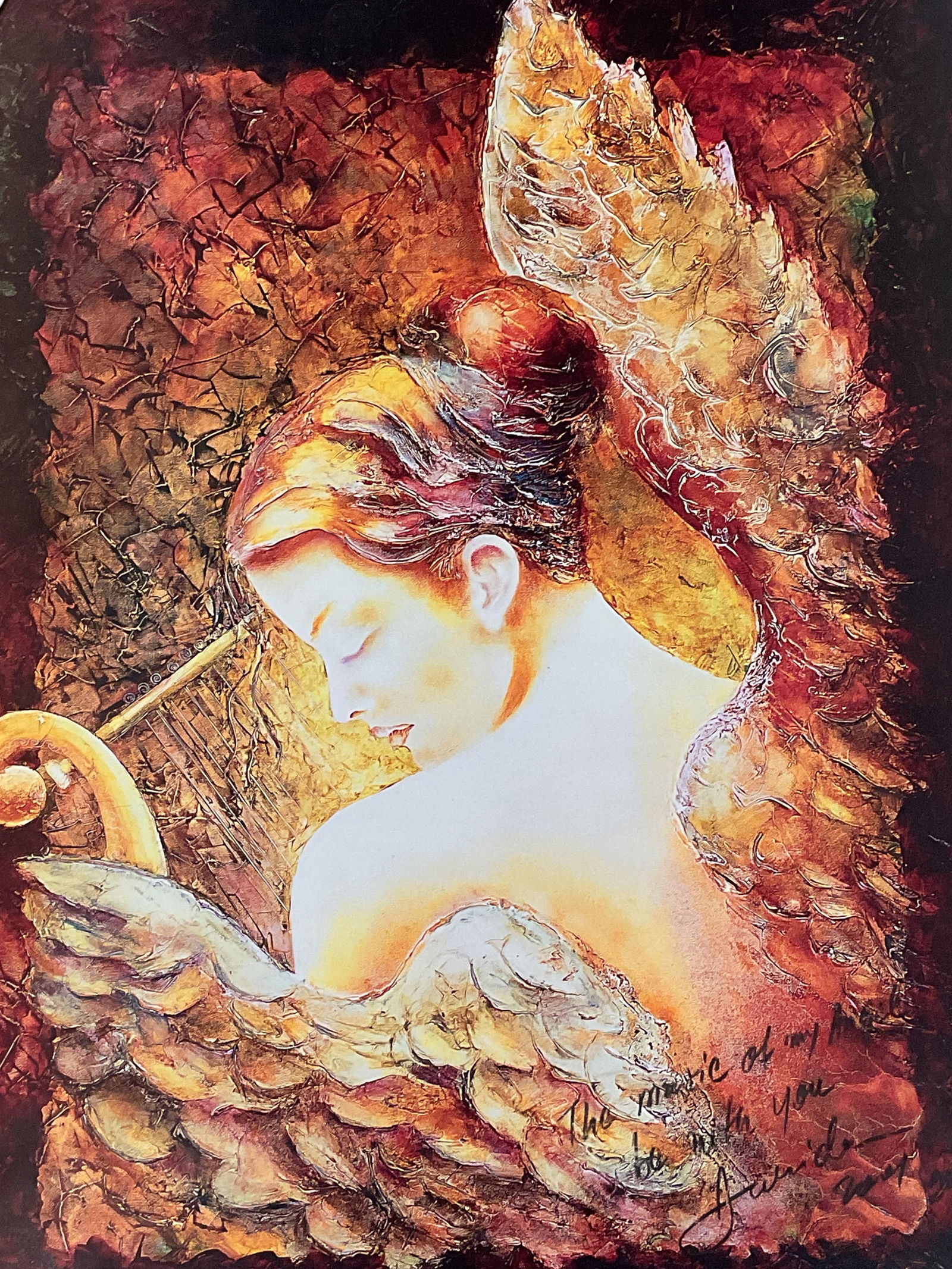 Sgnd Alexandru Darida Angel Harp Lithograph 27in: Lithograph poster. Signed and inscribed lower right, Alexandru Darida. Whisper. Angel with harp. Masterpiece publishing. Measures approx 27 x 19 inches. Wear including creasing and marks. Property