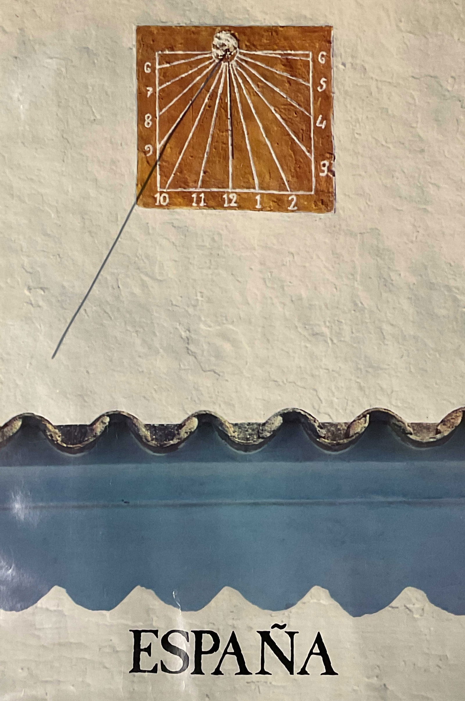 1978 Spain Ibiza Isla Baleares Tourism Poster 38in: 1978 Spain Espana Ibiza isla Baleares tourism lithograph poster. Sundial. Measures approx 38 x 24.25 inches. Wear including creasing and marks. Property of Upper East Side French stage and screen