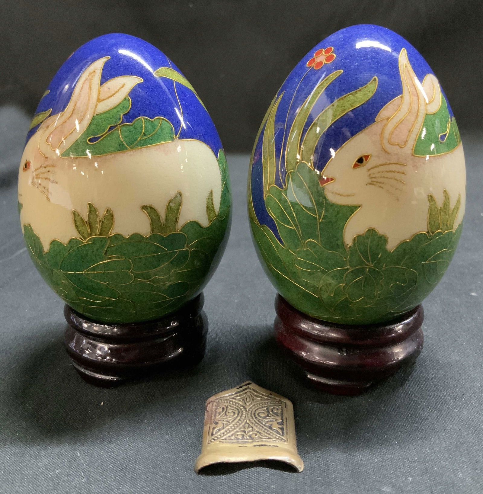 Pair Deco Eggs W Rabbit Motif on Wood Stands (1 of 6)