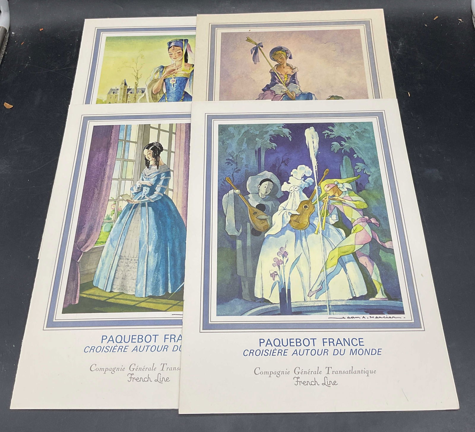Lot 4 1965 French Line Cruise Ship Menu Covers: Lot of 4 vintage 1965 French cruise line menu covers with artwork by Jean A Mercier. Paquebot France. General Transatlantic Company. Copyright on reverse. Measure approx 13 3/8 x 9.5 inches. Some wear
