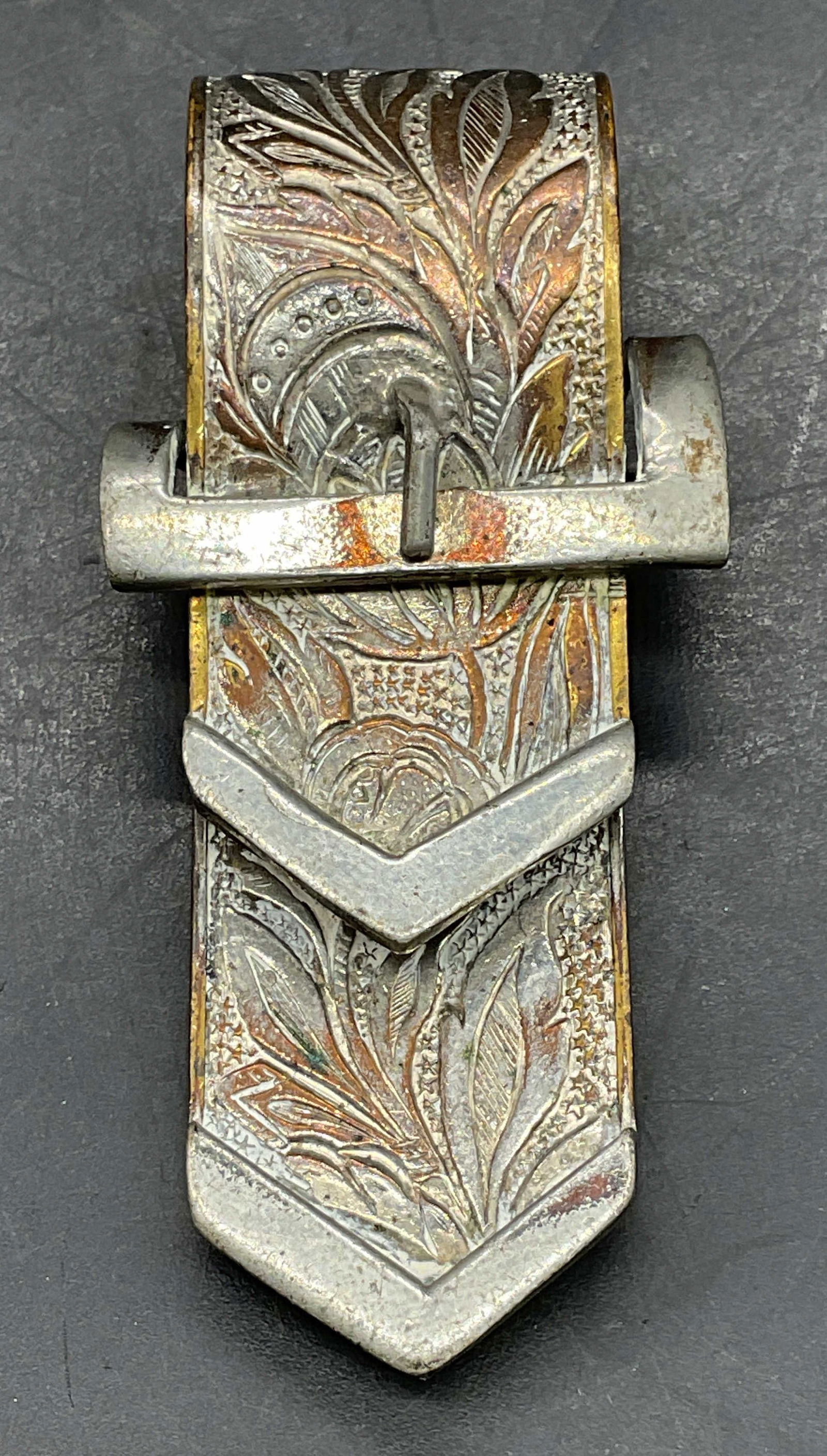 Vintage Silver Tone Ornate Buckle Clip: Vintage silver tone copper ornate buckle motif clip. Measures approx 2.5 x 1 inches. Some scratching and loss to plating. Jewelry, estate jewelry, costume jewelry, cocktail jewelry, fashion jewelry, a