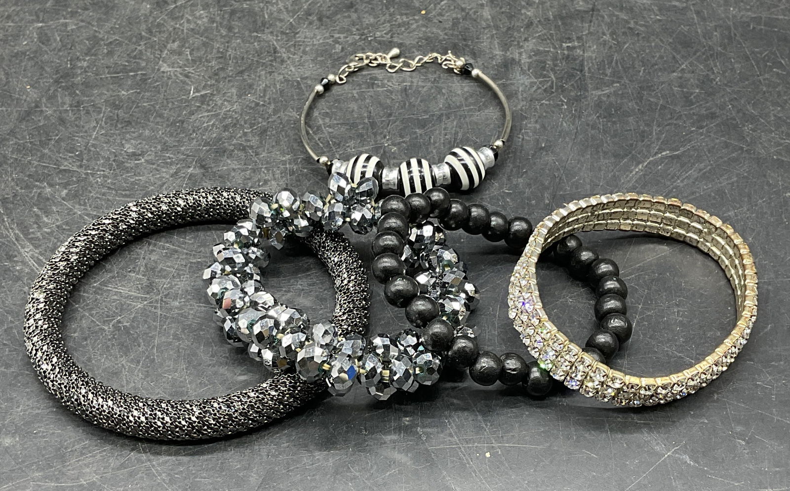 Lot 5 Beaded Black Silver Tn Crystal Bracelets + (1 of 6)