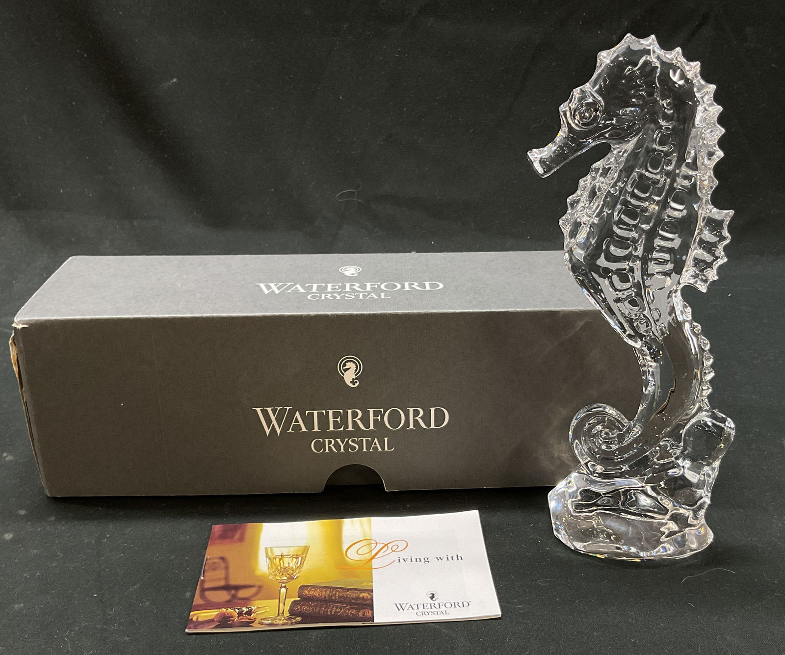 SGND Waterford Crystal Seahorse Fig Ireland NIB: New in box. Signed Waterford crystal Cape Coll Seahorse figurine. Made in Ireland. Signed Waterford on underside. Seahorse figure with detailed features and textures. Comes in original box and packagi