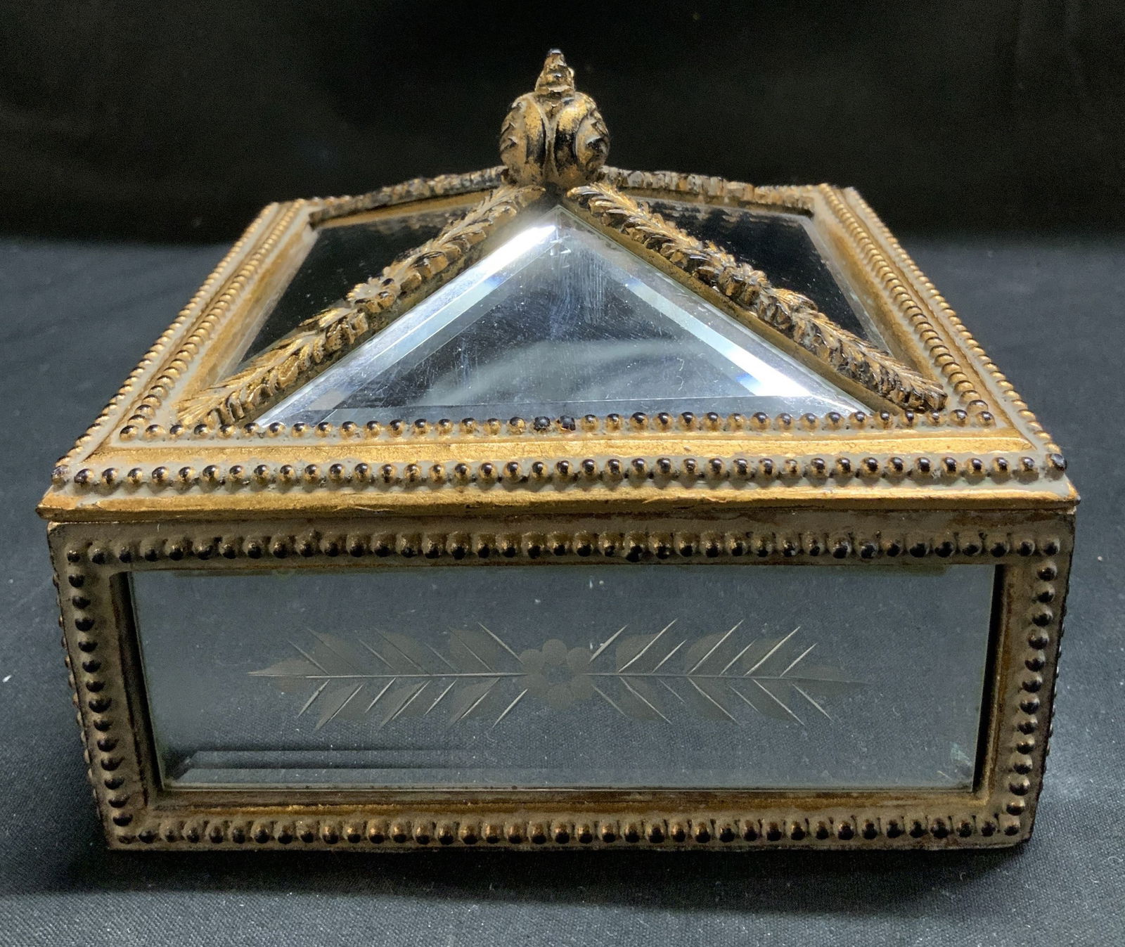 Twos Company Etched Glass & Gilt Box: Twos Company square box features etched floral details on bottom glass panels. Intricate bead detailing. Signed & marked on underside. Reads, TWOS COMPANY. Surface wear consistent to age, use &