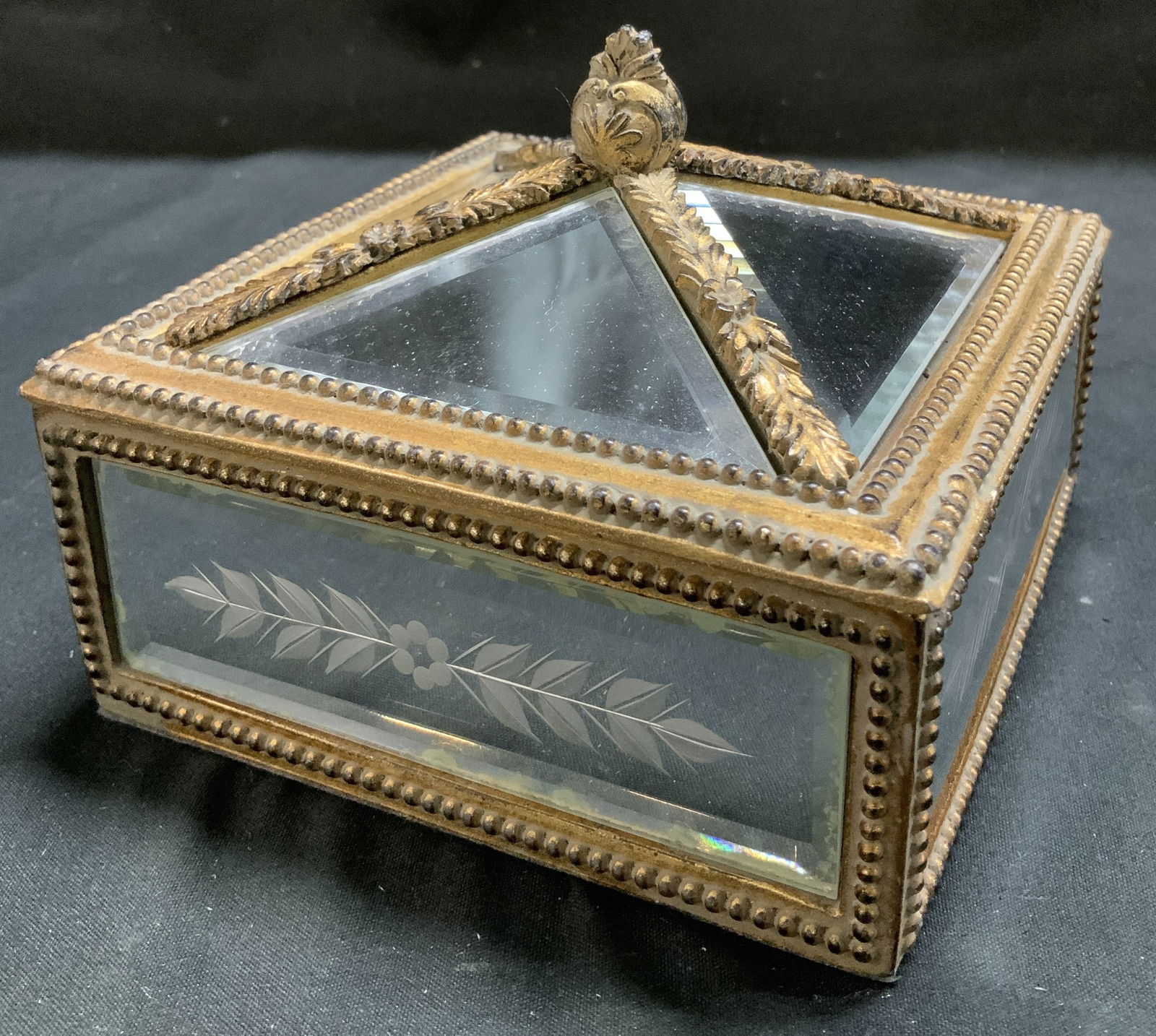 Twos Company Etched Glass & Gilt Box: Twos Company square box features etched floral details on bottom glass panels. Intricate bead detailing. Signed & marked on underside. Reads, TWOS COMPANY. Surface wear consistent to age, use &