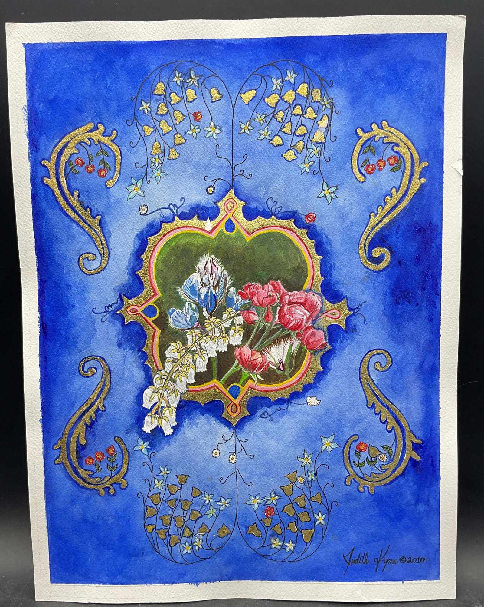 Judith Lynn Wildflowers Gold Watercolor Painting: Watercolor painting with 18k gold leaf on paper. Signed Judith Lynn. Miniature Wildflowers. Measures approx. 16 x 12 inches. some wear consistent with exposure. Areas of pigment loss. Property of oper