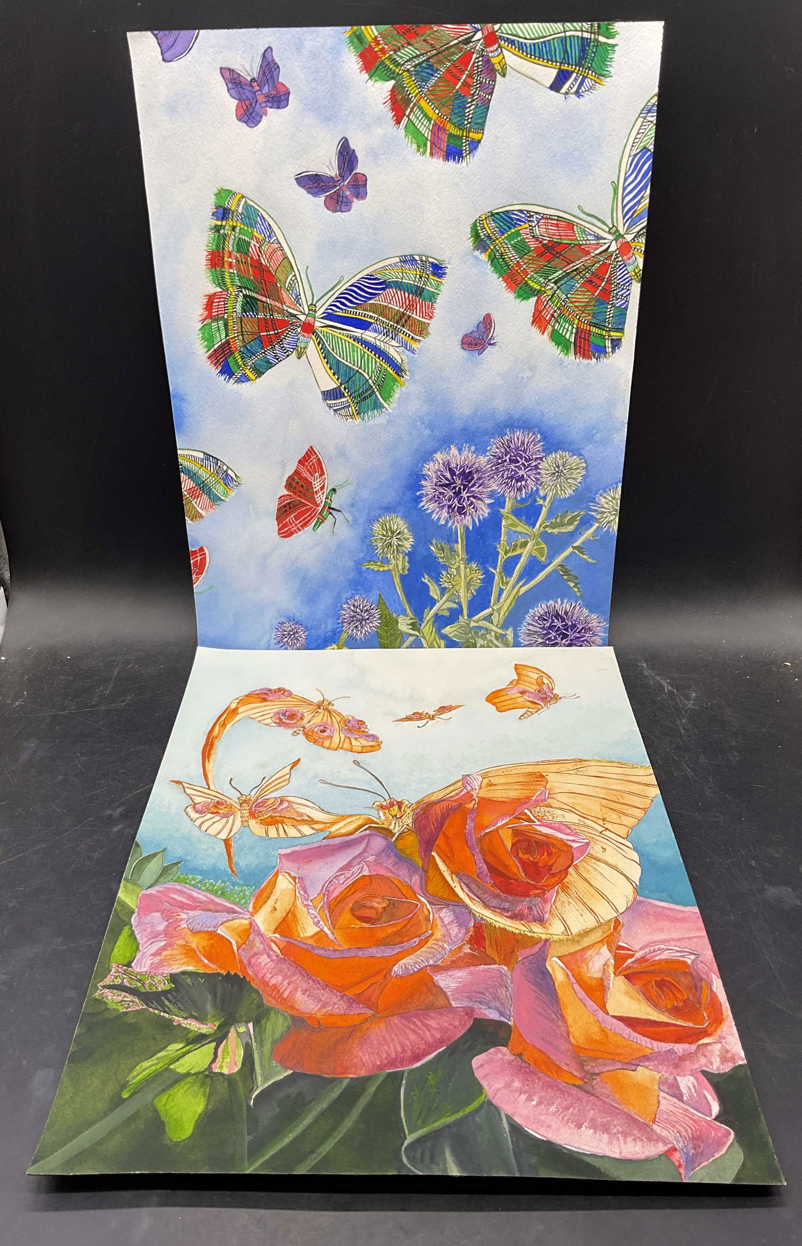 Lot 2 Judith Lynn Butterflies Watercolor Paintings: Lot of 2 watercolor paintings on paper. Signed Judith Lynn on versos. Butterflies. Measures approx. 16 x 12 inches. some wear consistent with exposure. Property of opera singers estate from the renown
