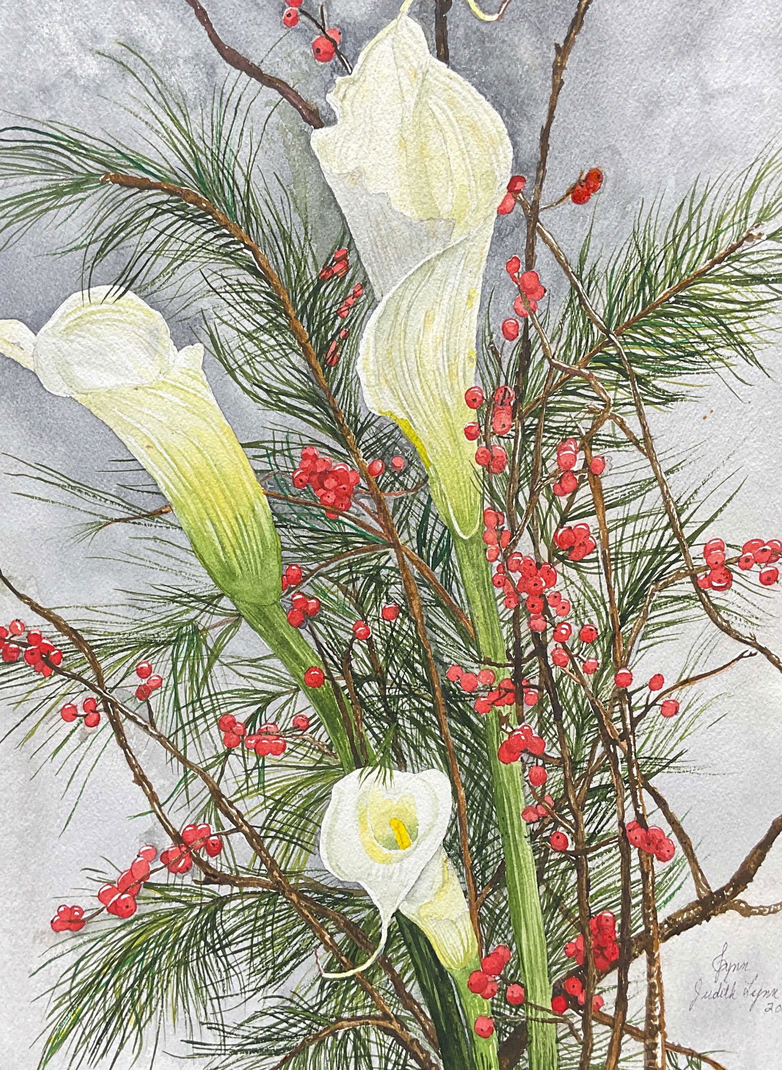 Judith Lynn Calla Lily Holly Watercolor Painting: Watercolor painting on paper. Signed Judith Lynn. Calla lilies and holly. Measures approx 12 x 16 inches. Some wear consistent with exposure. Property of opera singers estate from the renowned and opu