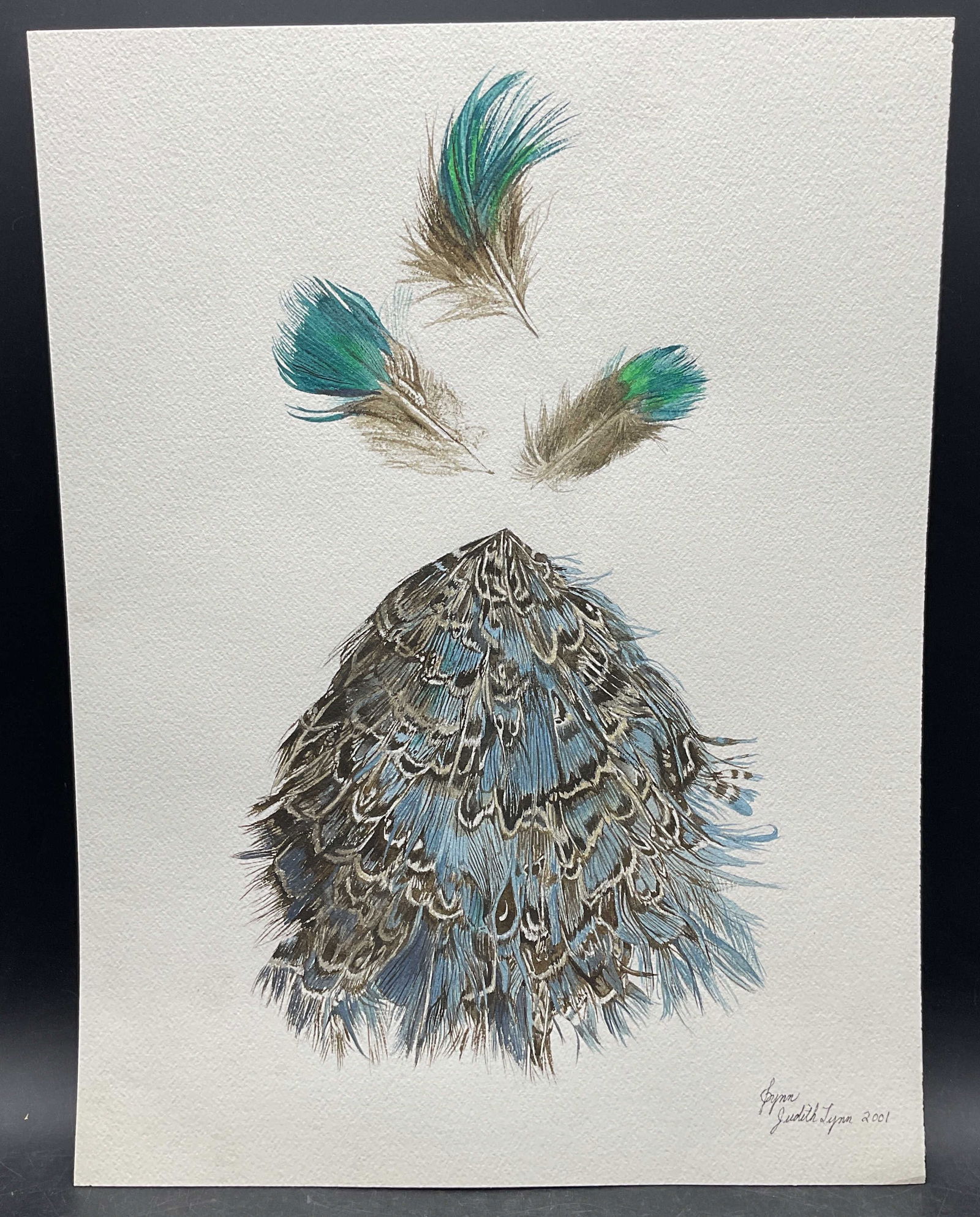 Judith Lynn Blue Feather Watercolor Painting: Watercolor painting on paper. Signed Judith Lynn. Blue feathers. Measures approx 12 x 16 inches. Some wear consistent with exposure. Property of opera singers estate from the renowned and opulent