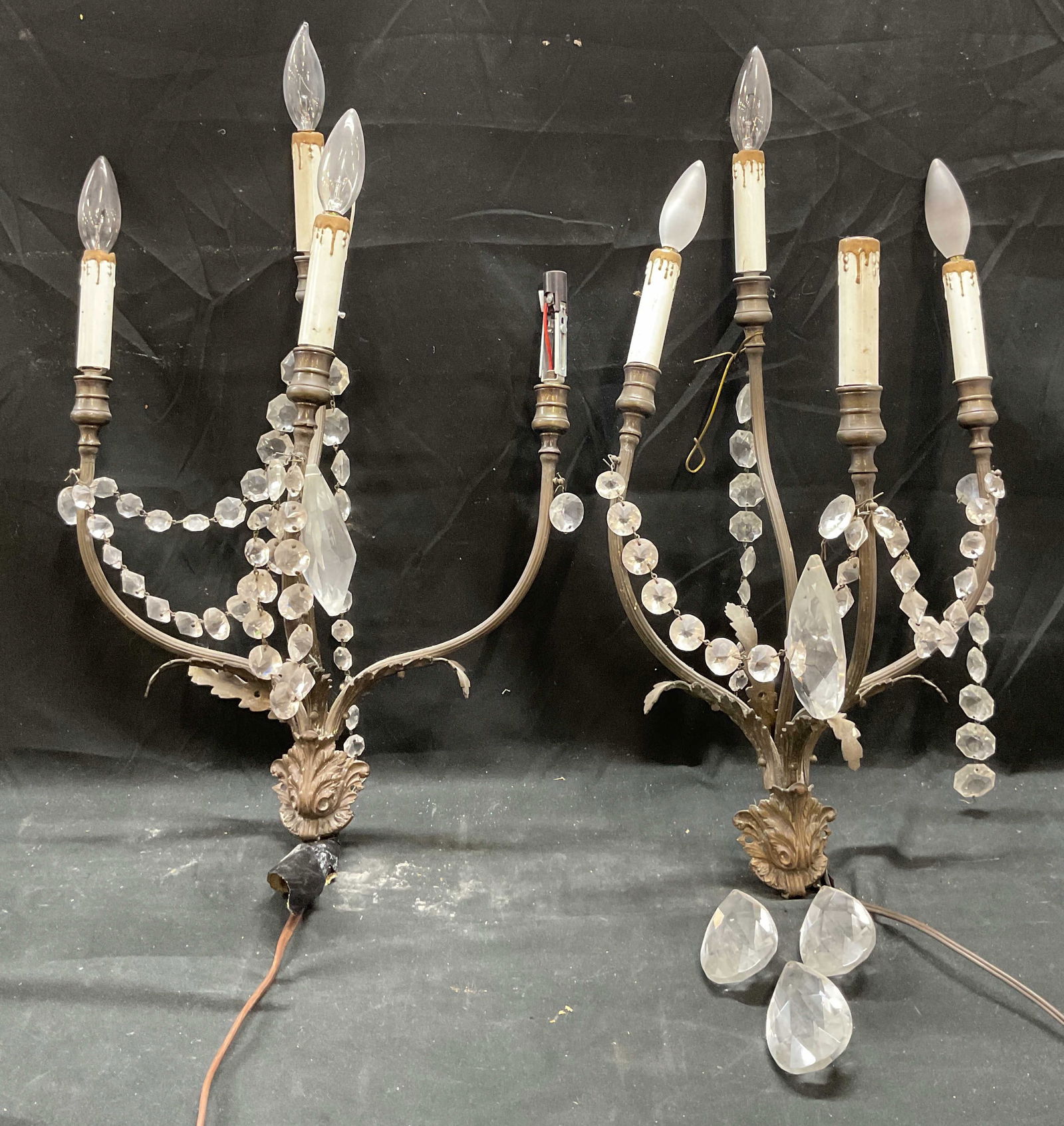 Pair Italian Metal&Crystal Girandole Light Sconces (1 of 10)
