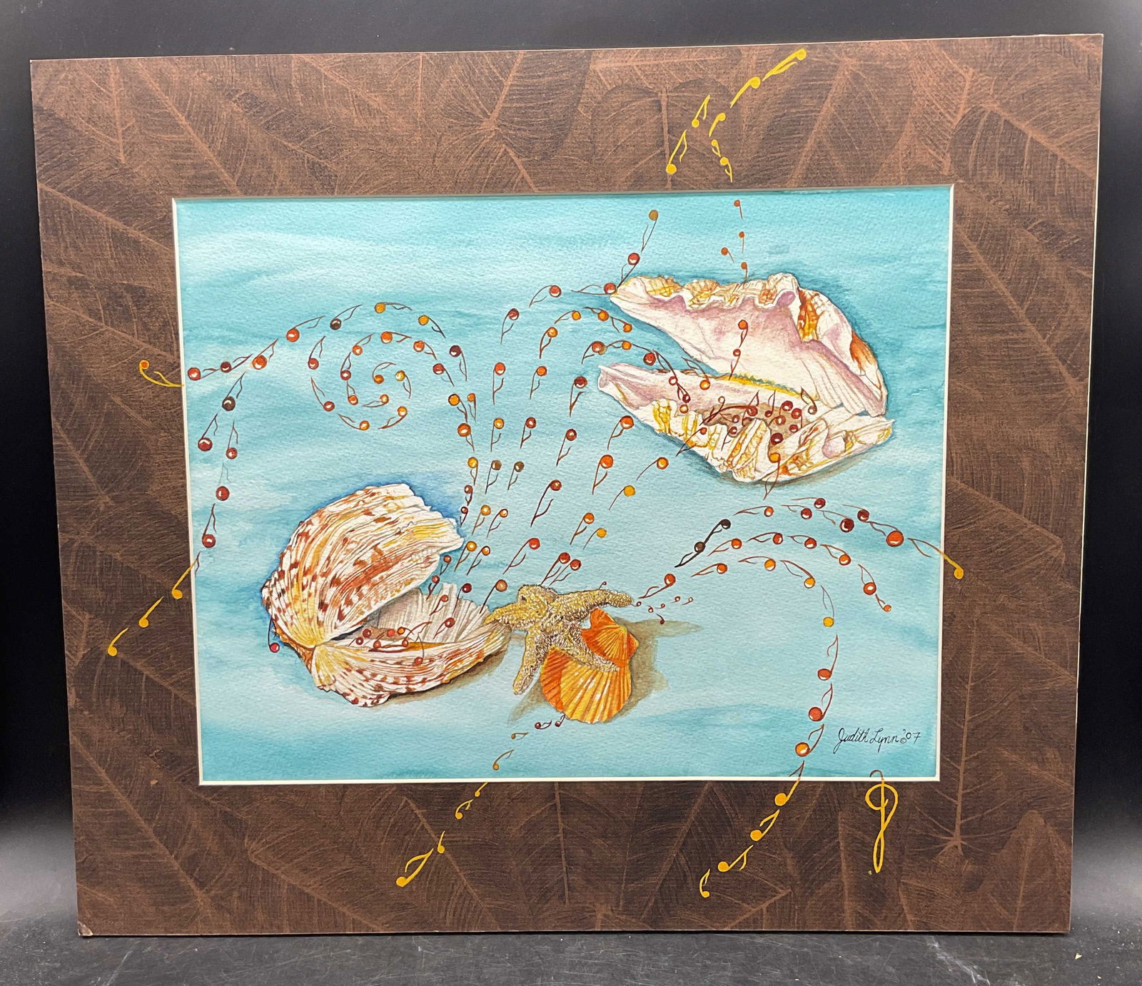 Judith Lynn Happy Clams Watercolor Painting: Watercolor painting on paper. Signed Judith Lynn. Happy Clams. Clams and music notes. Total dimensions approx 16.5 x 19 inches. Some wear consistent with exposure. Property of opera singers estate