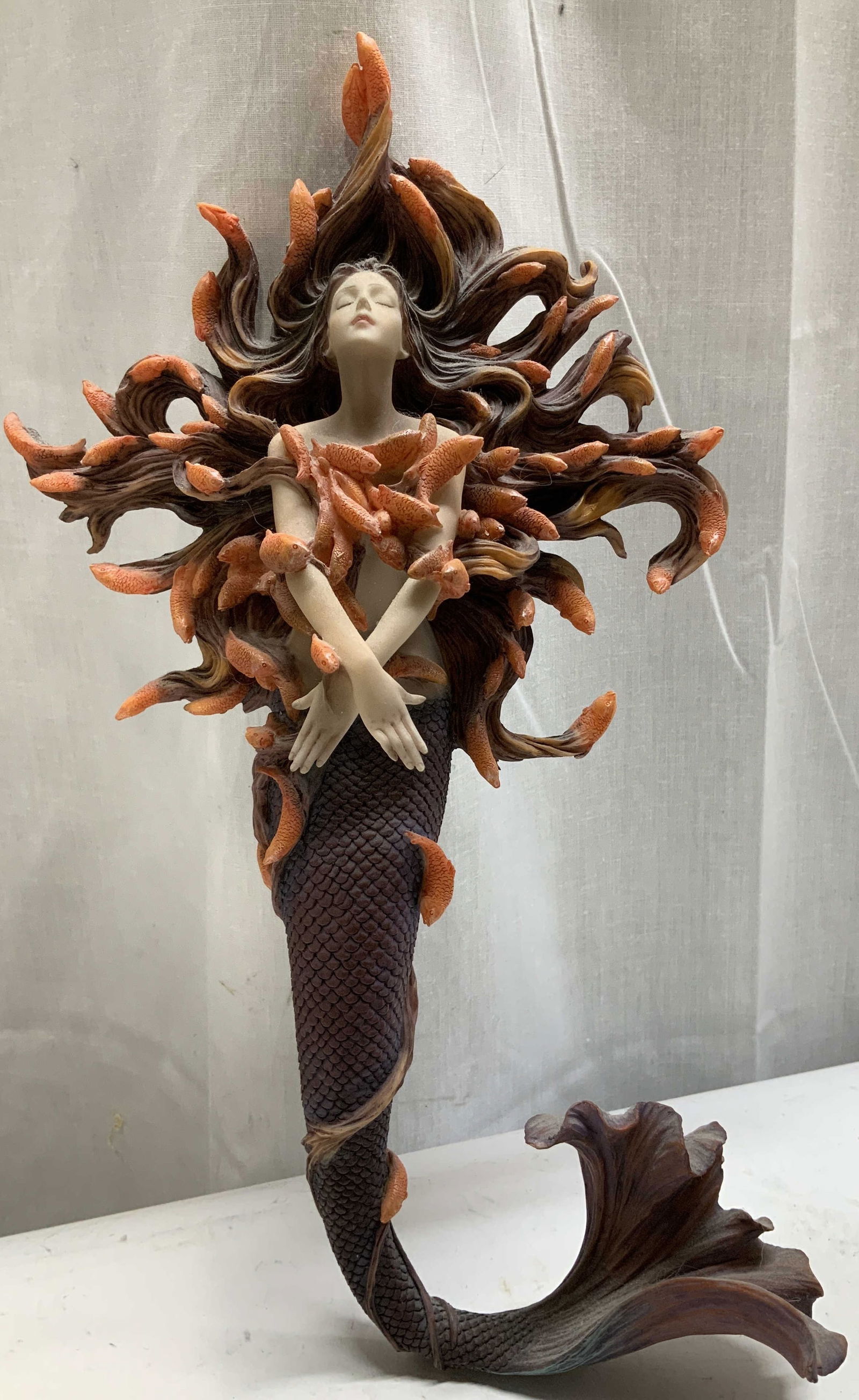 Pacific Giftware Mermaid Goldfish Wall Decor: Pacific giftware sculptural wall decor shaped like a mermaid with various goldfish in hair. Piece is resin material. Property of opera singers estate from the renowned & opulent Manhattan
