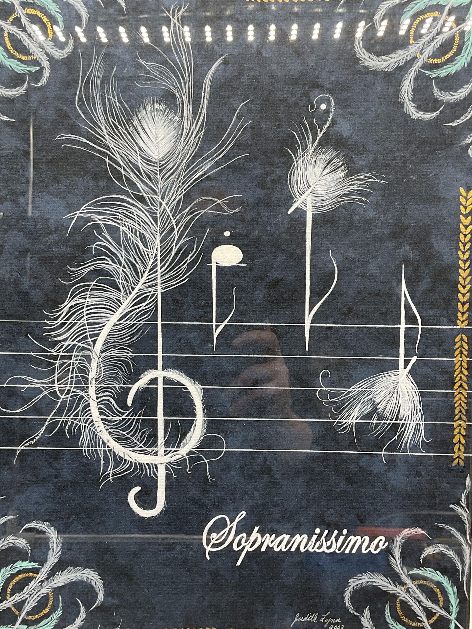 Judith Lynn Sopranissimo Watercolor Painting: Framed watercolor and gold leaf painting on paper. Signed Judith Lynn. Sopranissimo. Fathers and music notes. White wood frame. Not examined out of frame. Frame measures approx 17 x 13 inches.