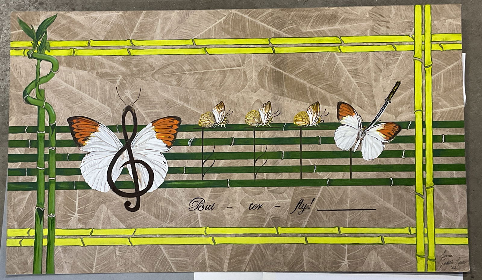 Sgnd Judith Lynn Butterflies Watercolor Pntng 2ft: Watercolor painting on board. Signed Judith Lynn. Butterflies and music notes. Measures approx. 14 x 24 inches. Some wear consistent with exposure. Property of opera singers estate from the