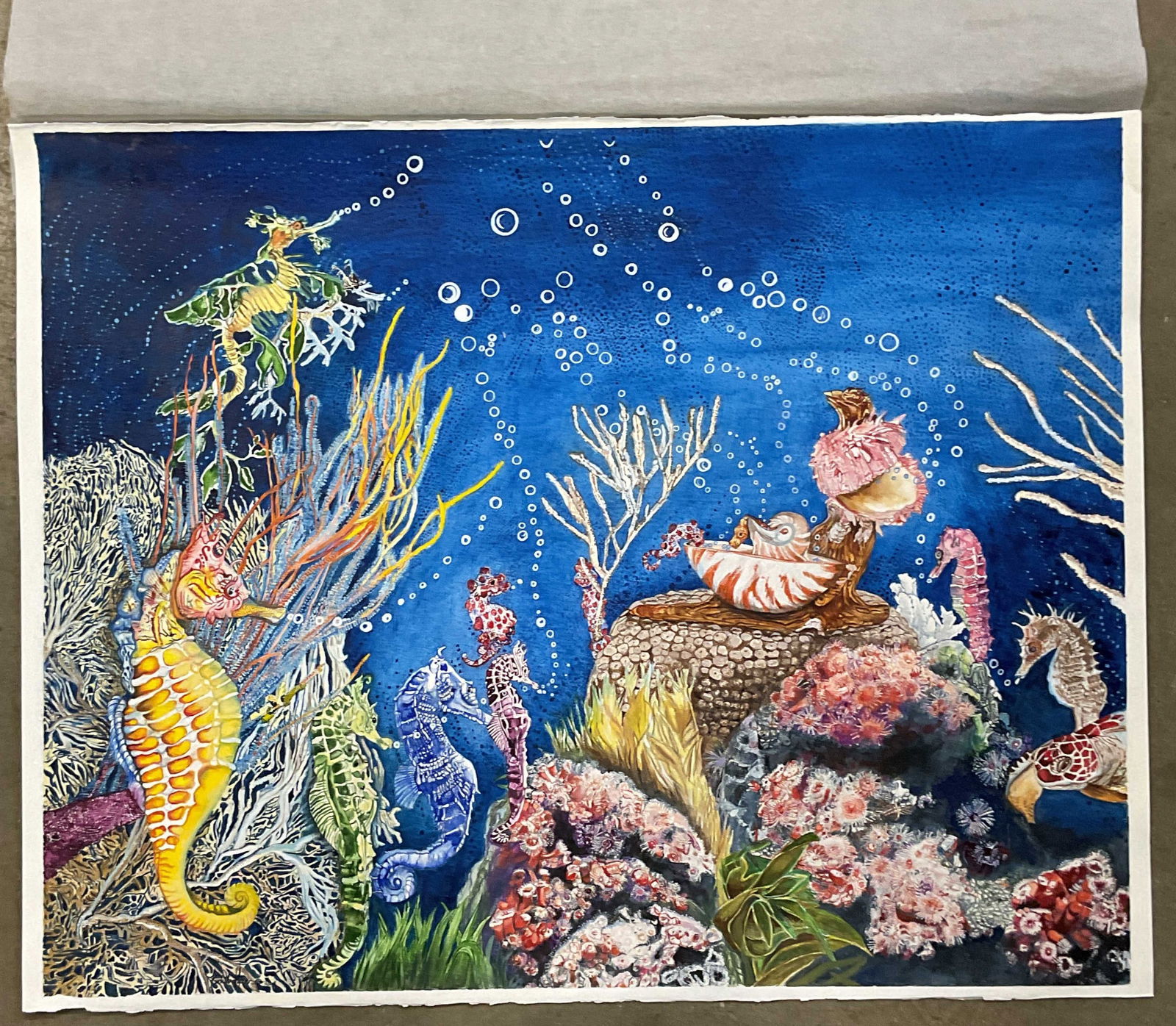 Signed Judith Lynn Seahorses Watercolor Painting: Watercolor painting on paper. Signed Judith Lynn. Sentinels of Sound. Seahorses and coral. Measures approx. 27.25 x 21.75 inches. Some wear consistent with exposure. Property of opera singers estate f