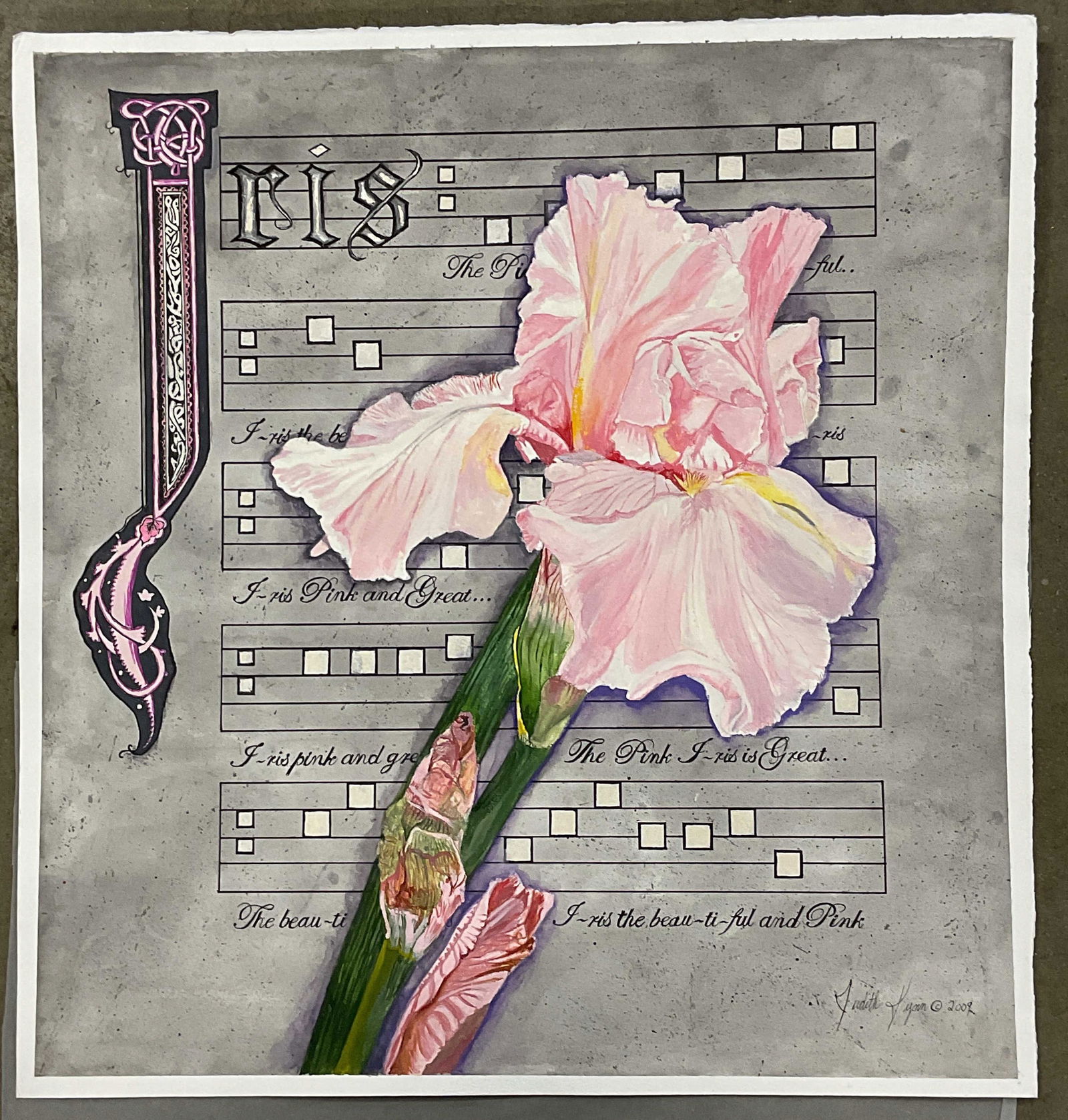 Signed Judith Lynn Iris Watercolor Painting: Watercolor painting on paper. Signed Judith Lynn. Iris and music composition. Measures approx. 19.5 x 18.5 inches. Some wear consistent with exposure. Property of opera singers estate from the renowne