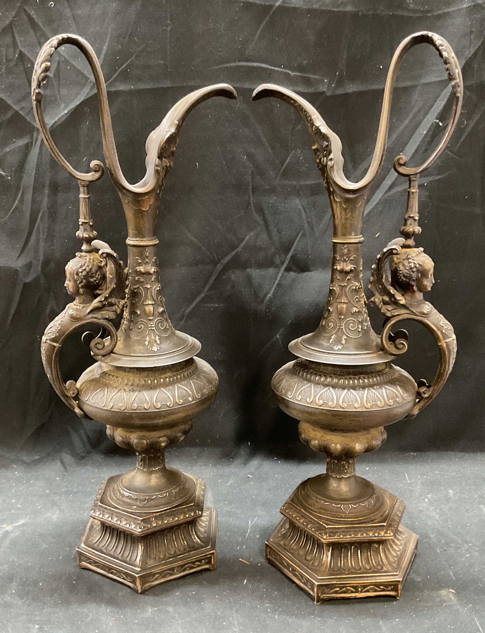 Pair Ornate Bronze Patina Figural Ewers (1 of 6)
